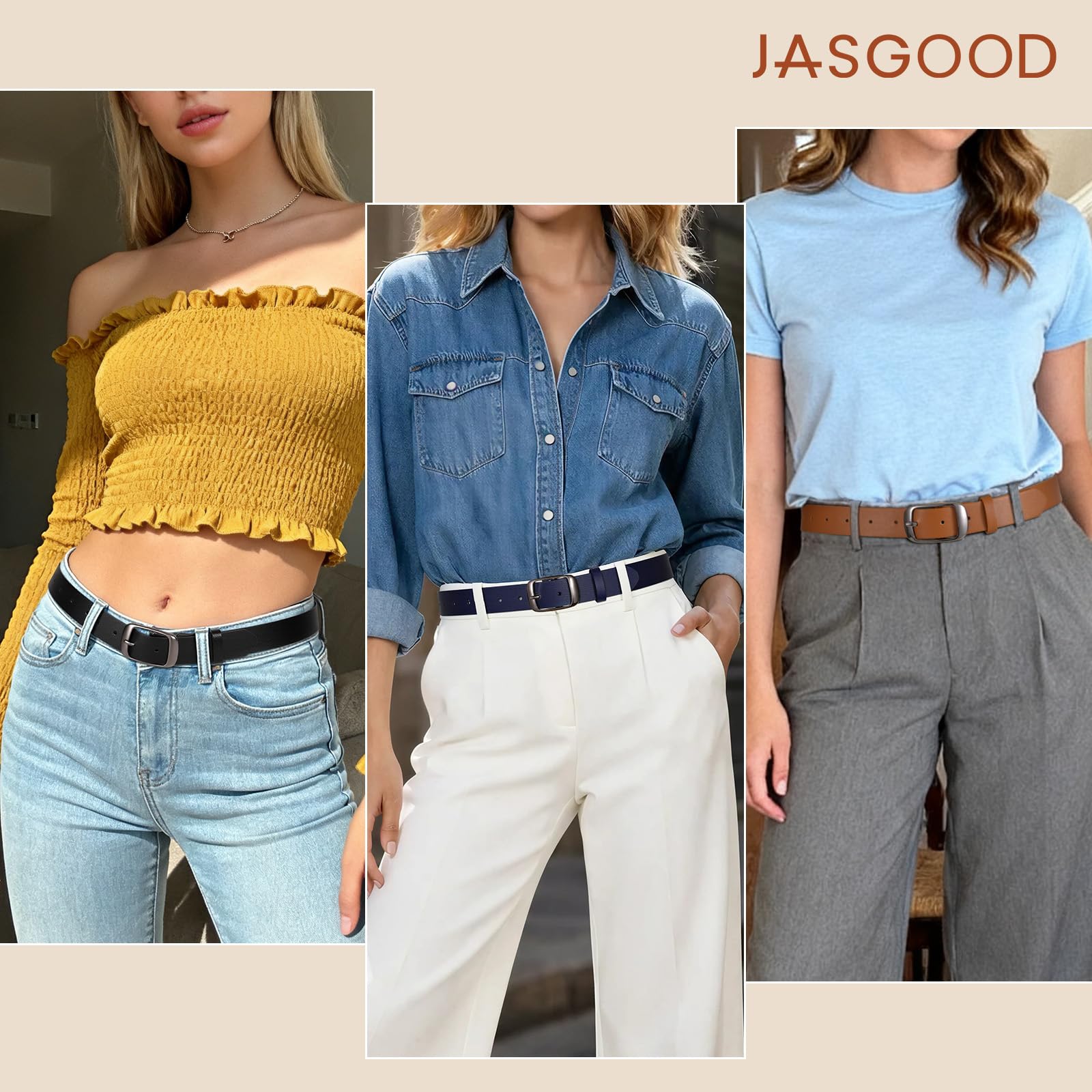 JASGOOD 3 PACK Women Belts for Jeans Pants Fashion Ladies Leather Waist Belt with Gold Buckle - JASGOOD OFFICIAL