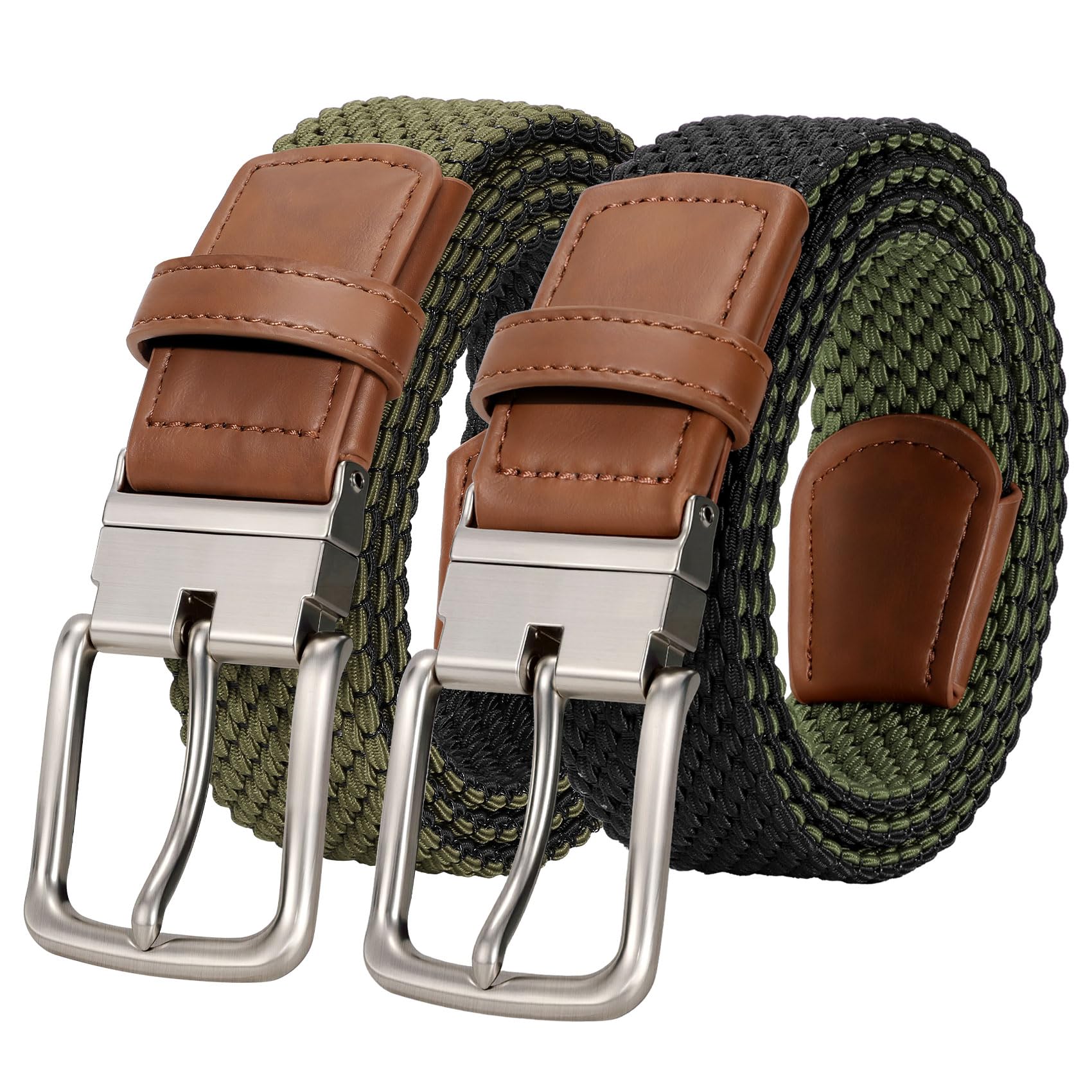 JASGOOD Reversible Elastic Braided Belt for Men, 1.34" Casual Woven Stretch Golf Belt for Jeans Shorts Pants