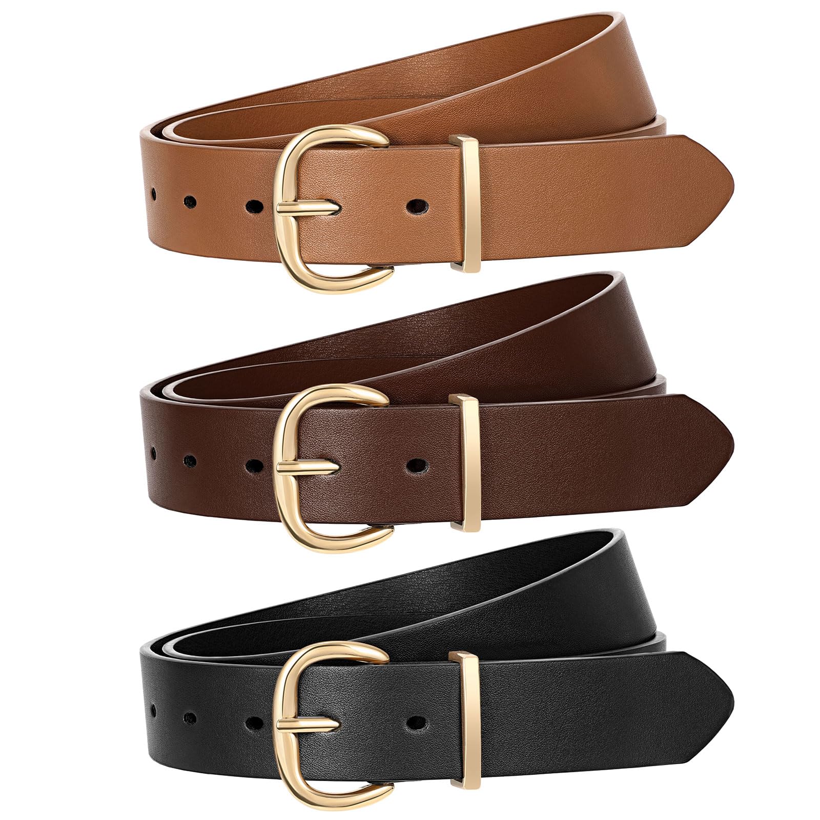 JASGOOD 3 Pack Belts for Women Leather Waist Belts for Jeans Dresses Pants Ladies Fashion Belt with Gold Buckle