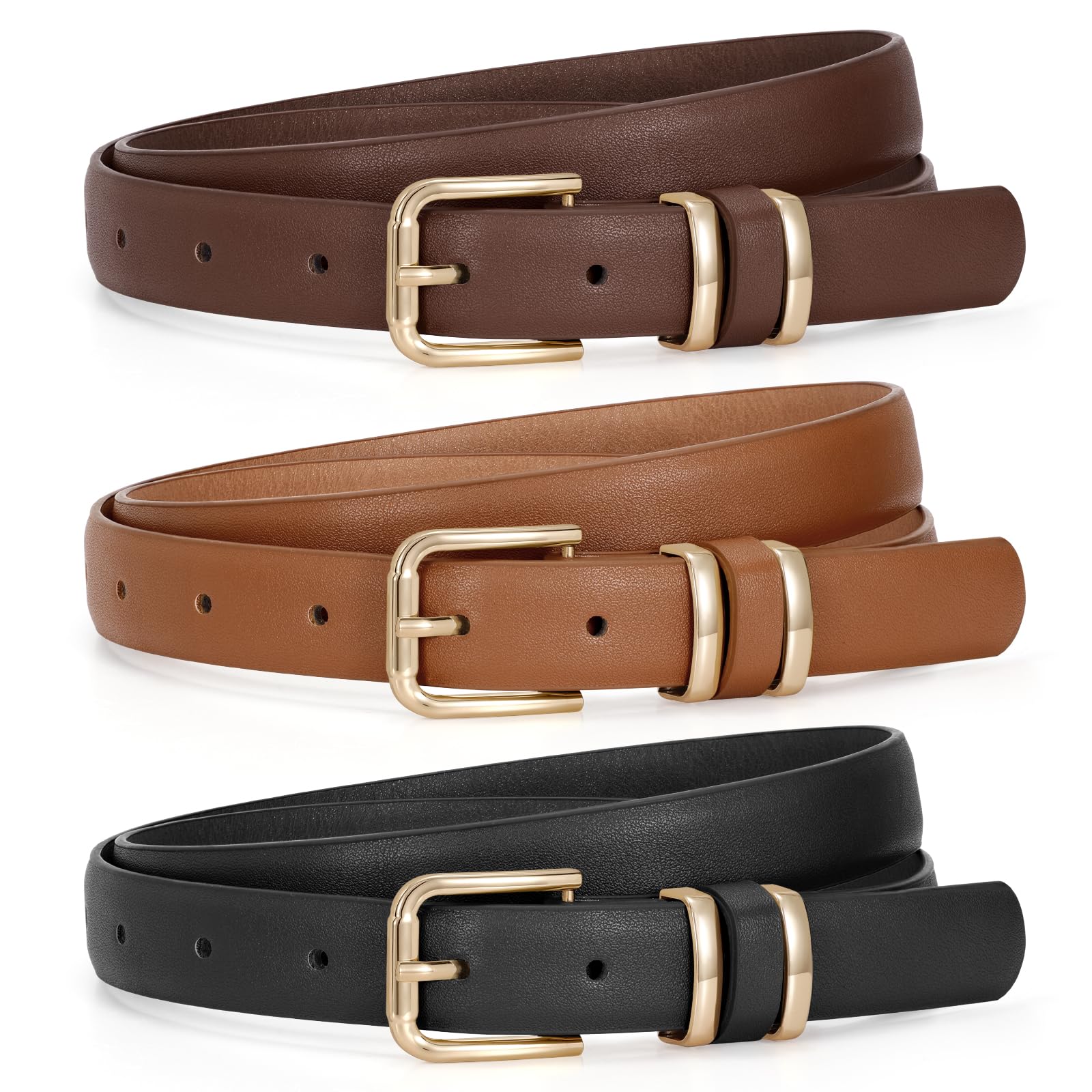 JASGOOD 3 Pack Belts for Women Belt for Jeans Pants Dress Ladies Leather Fashion Waist Thin Belts with Gold Buckle