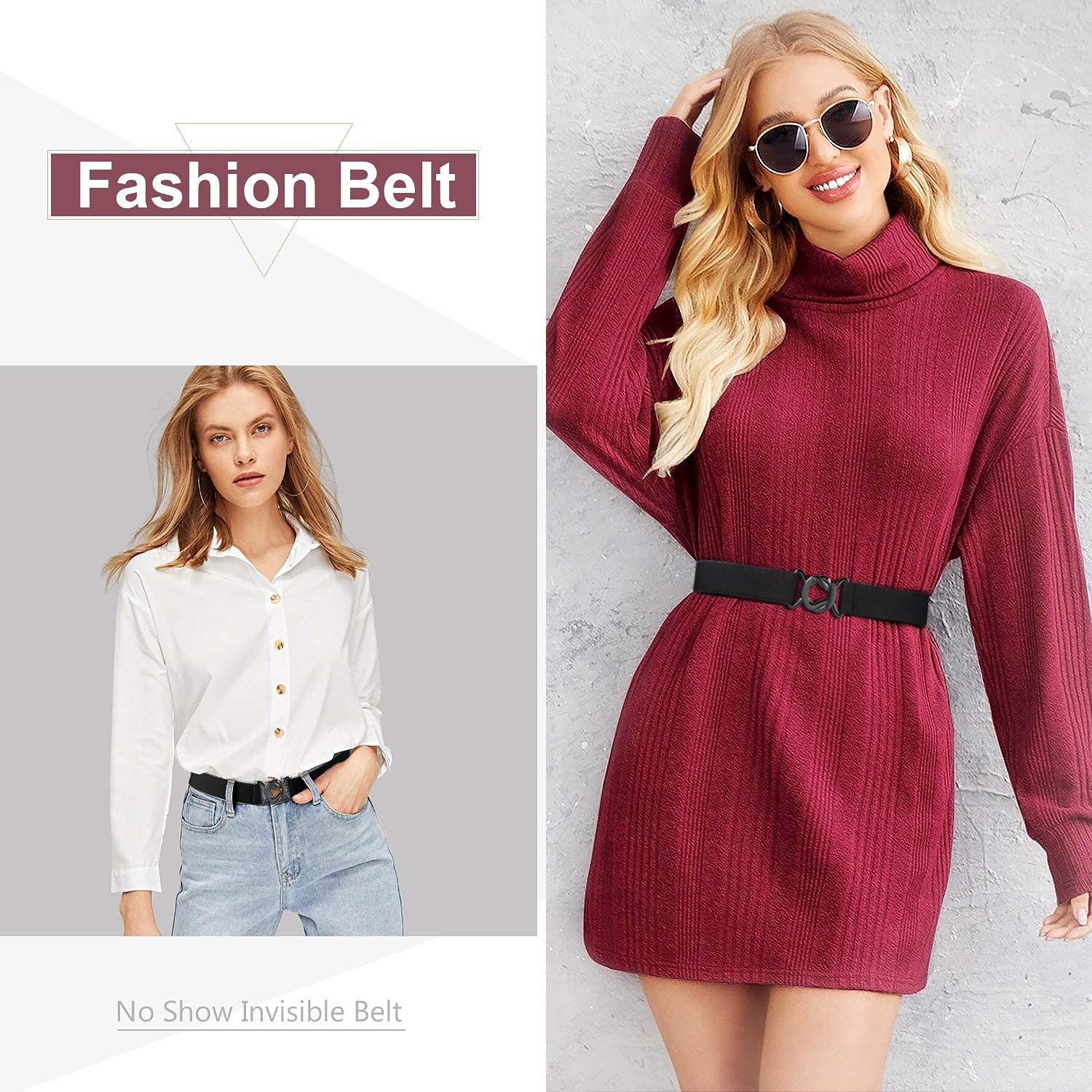 JASGOOD Women No Show Stretch Belt 2 Pack Adjustable Elastic Web Belt with Flat Buckle for Jeans Pants Casual Belts - JASGOOD OFFICIAL