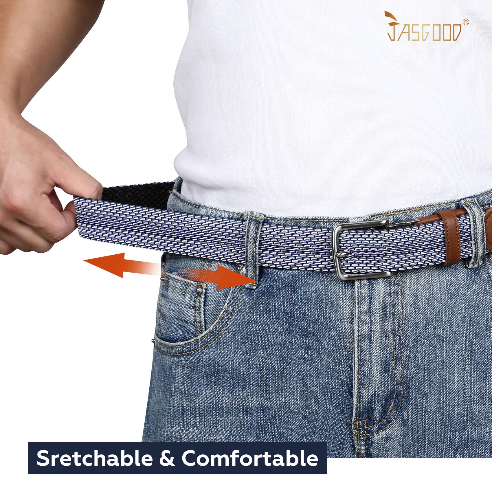 JASGOOD Reversible Elastic Braided Belt for Men, 1.34" Casual Woven Stretch Golf Belt for Jeans Shorts Pants