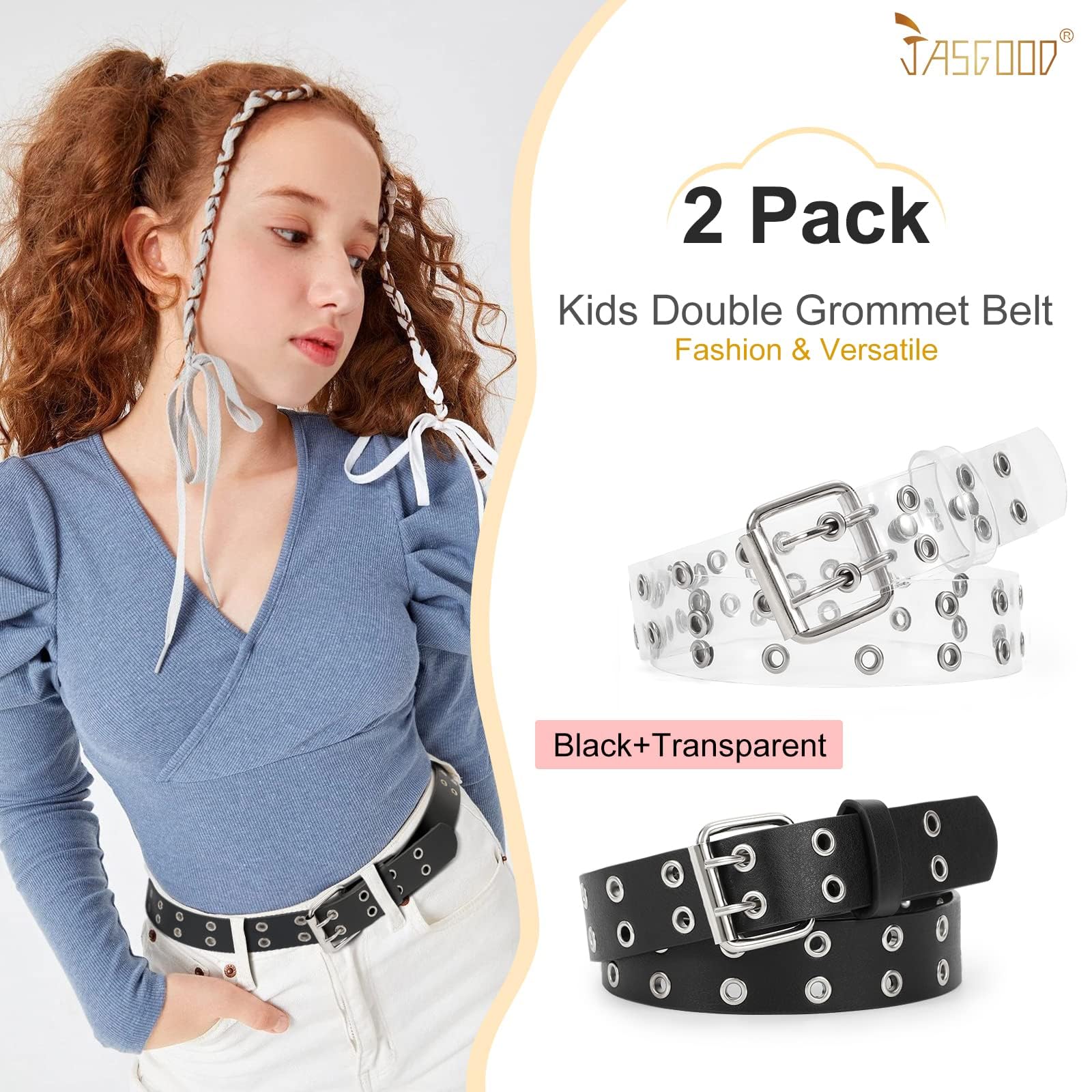 JASGOOD 2 Pack Kids Double Grommet Belt for Girls and Boys, PU Leather Kids Double Studded Holes Belt for Jeans Pants
