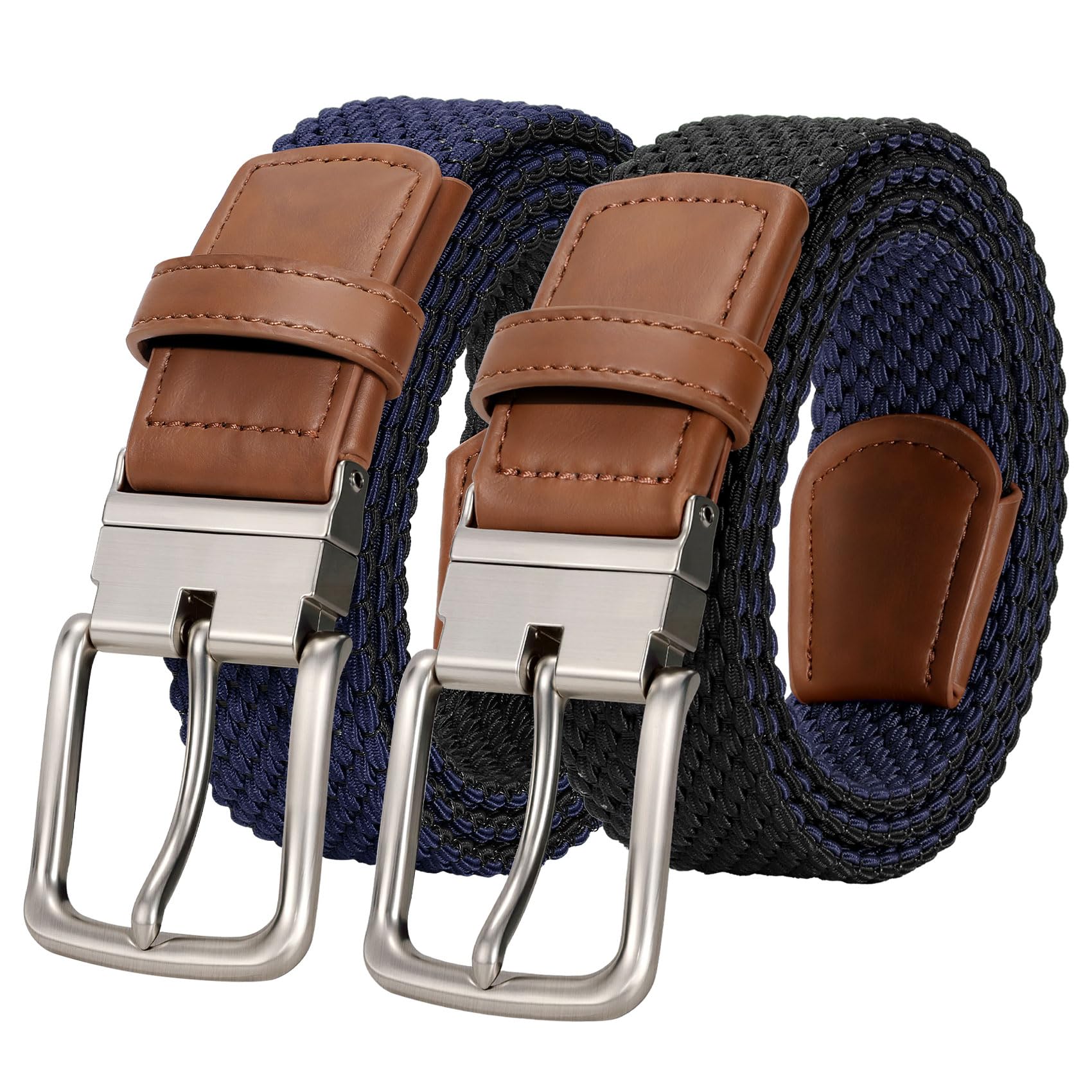 JASGOOD Reversible Elastic Braided Belt for Men, 1.34" Casual Woven Stretch Golf Belt for Jeans Shorts Pants
