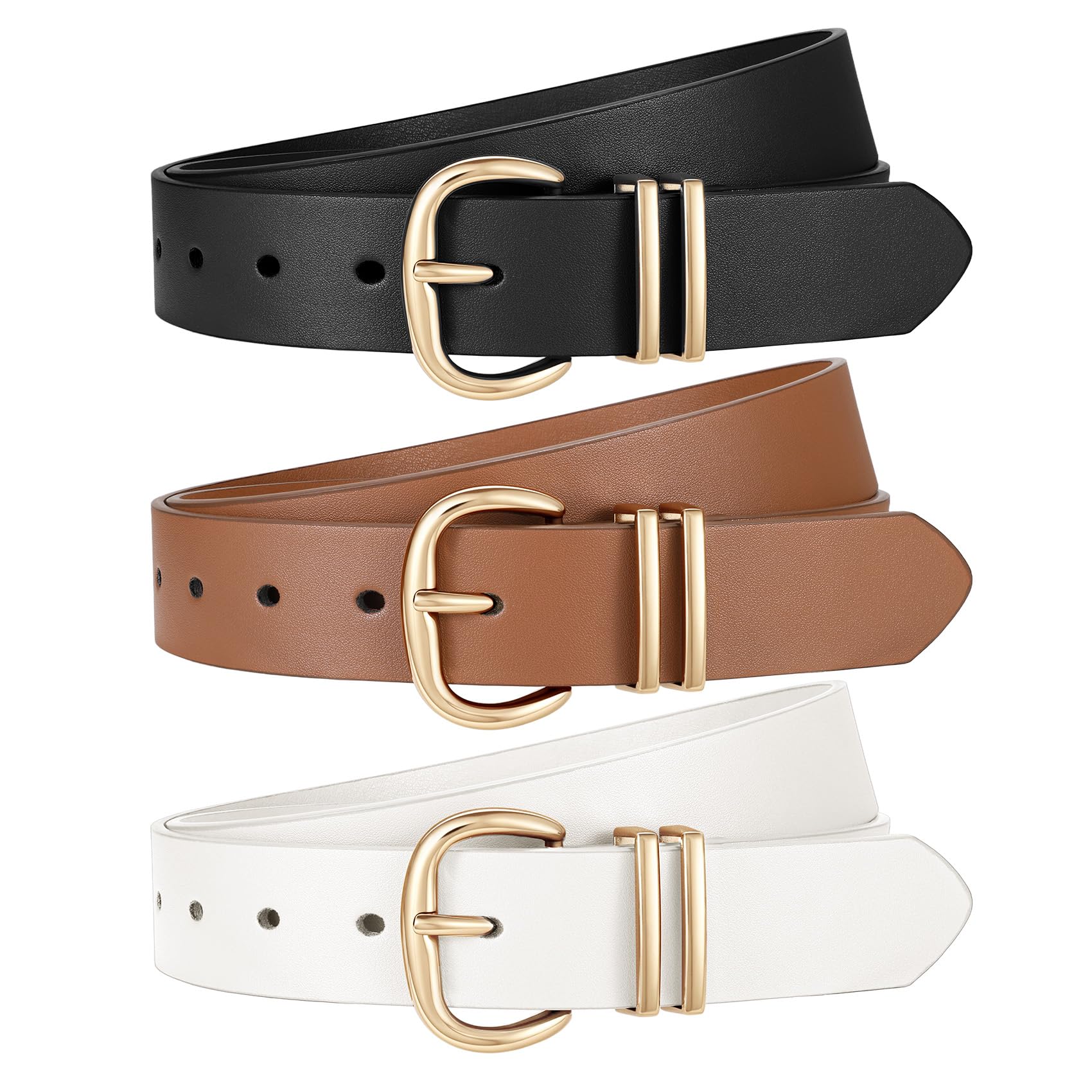 JASGOOD 3 Pack Belts for Women Leather Waist Belts for Jeans Dresses Pants Ladies Fashion Belt with Gold Buckle