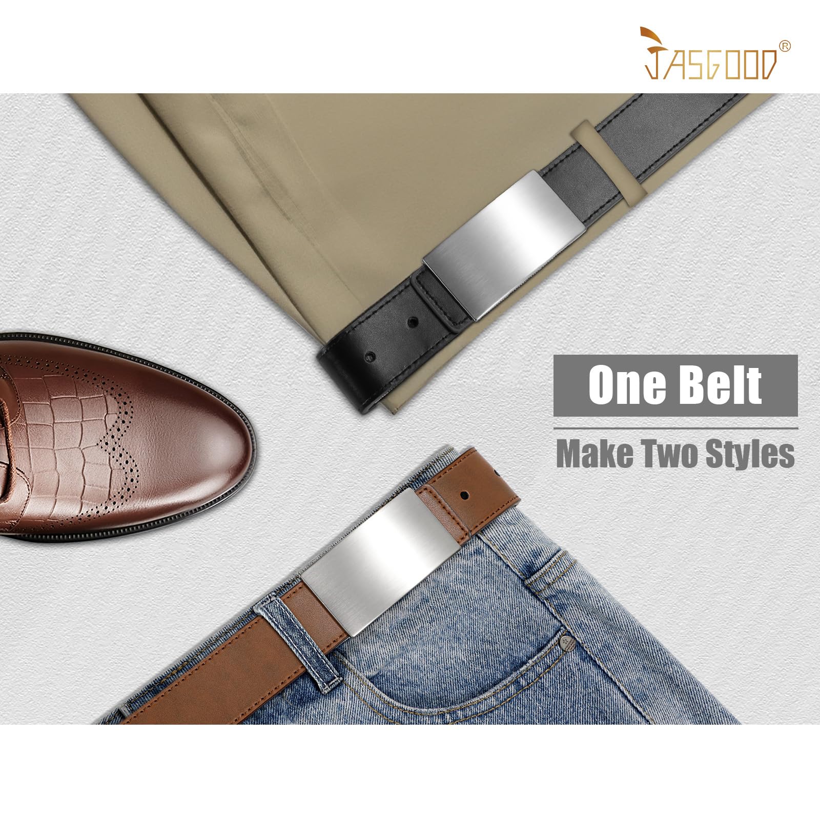 JASGOOD Two in One Men Leather Belt, Reversible Belt for Men Dress Jeans with Removable Buckle