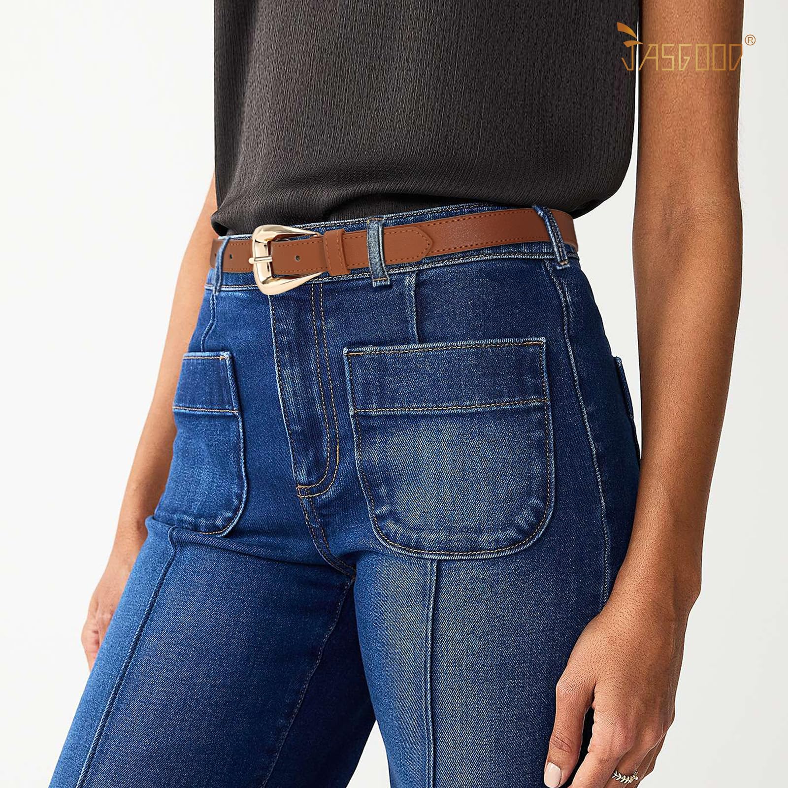 JASGOOD Women Leather Belts for Jeans Pants Soft Leather Waist Belt for Ladies Vintage Belt with Gold Buckle 0.9" Width