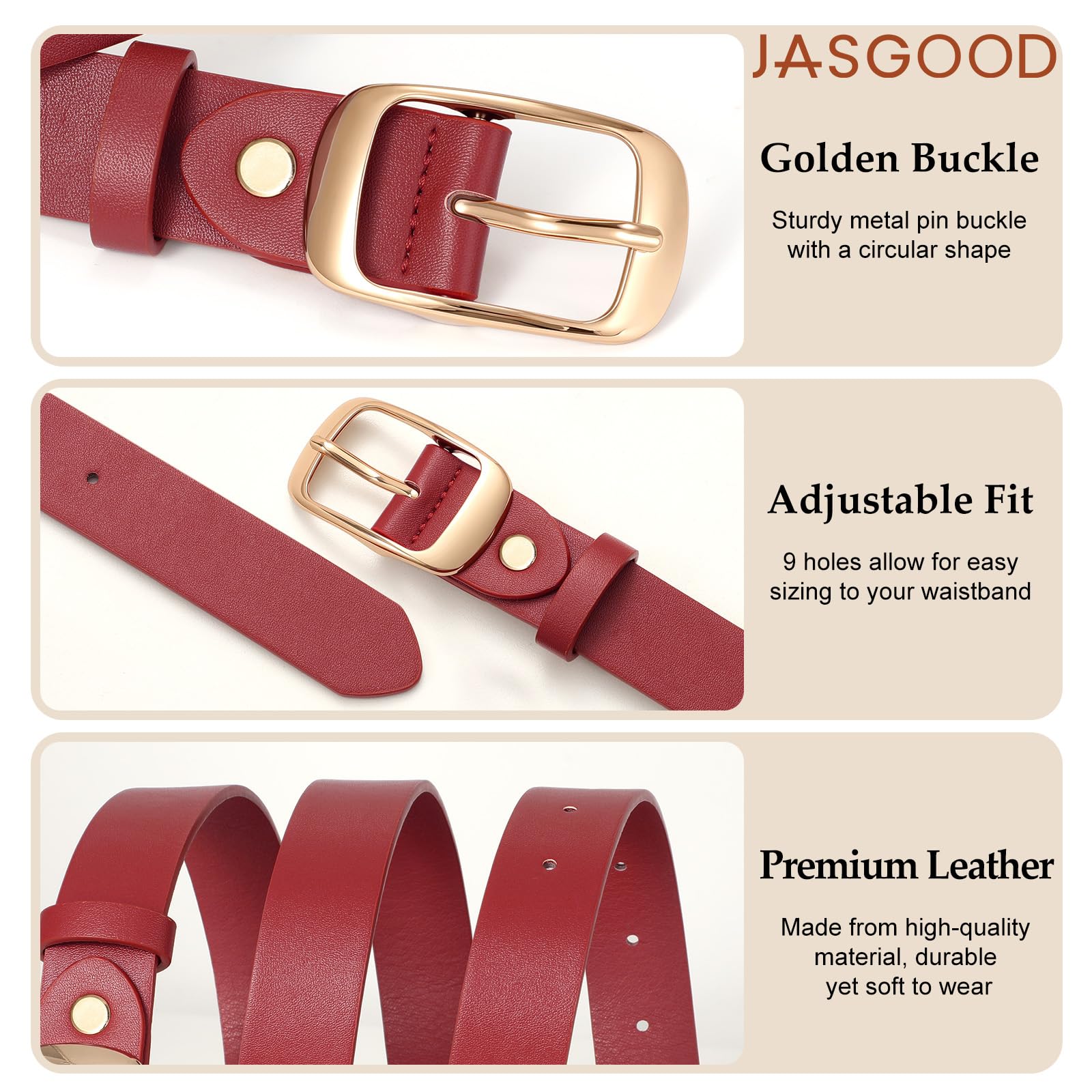 JASGOOD 3 PACK Women Belts for Jeans Pants Fashion Ladies Leather Waist Belt with Gold Buckle - JASGOOD OFFICIAL