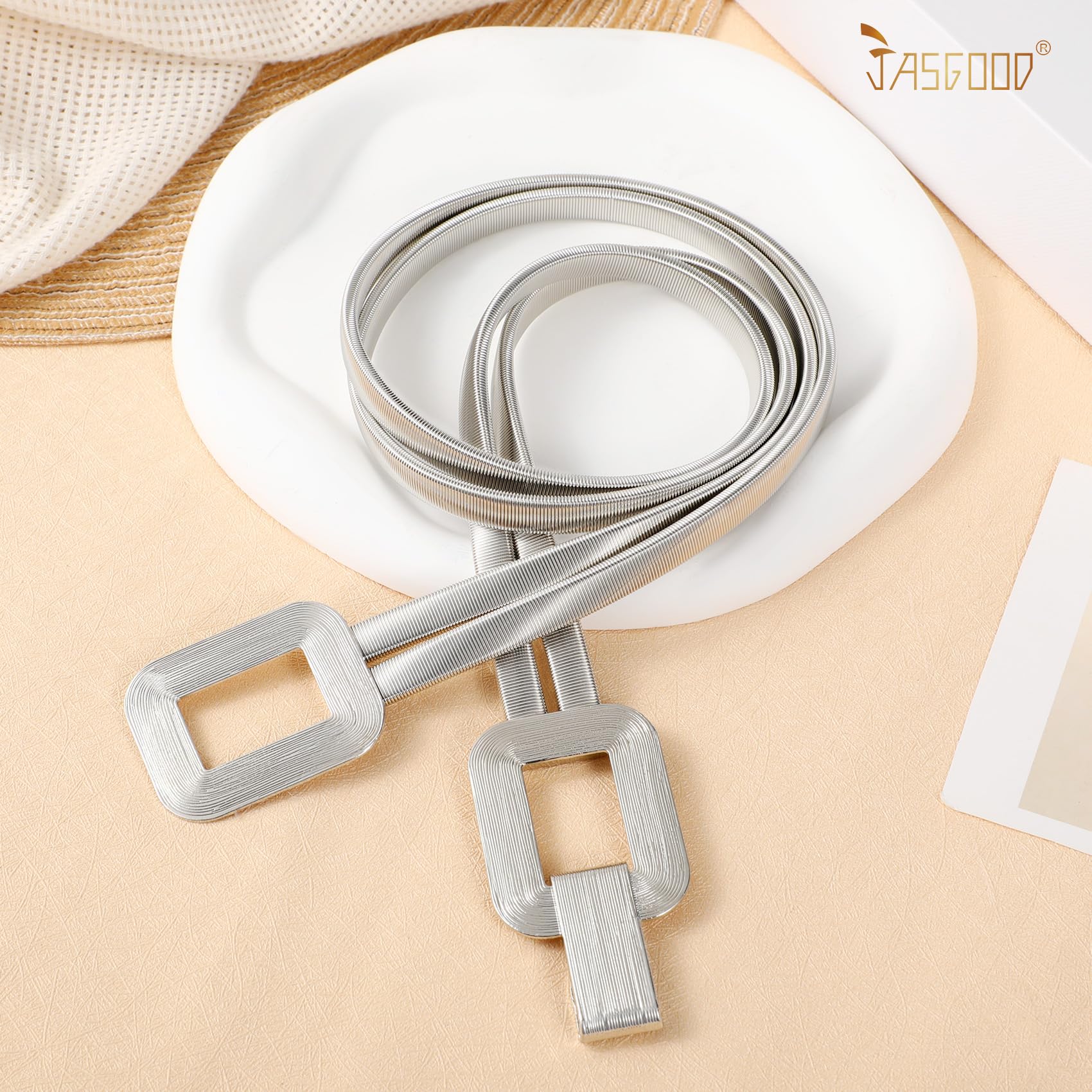 JASGOOD Skinny Metal Elastic Waist Belt for Women Stretch Thin Belt for Dresses