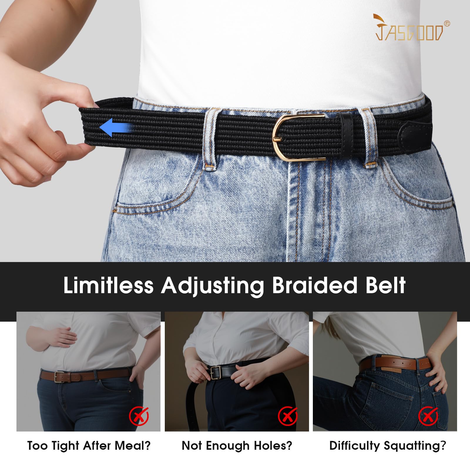 JASGOOD Elastic Braided Stretch Belt Women Golf Casual Fabric Woven Belt 1 3/8" Adjustable Work