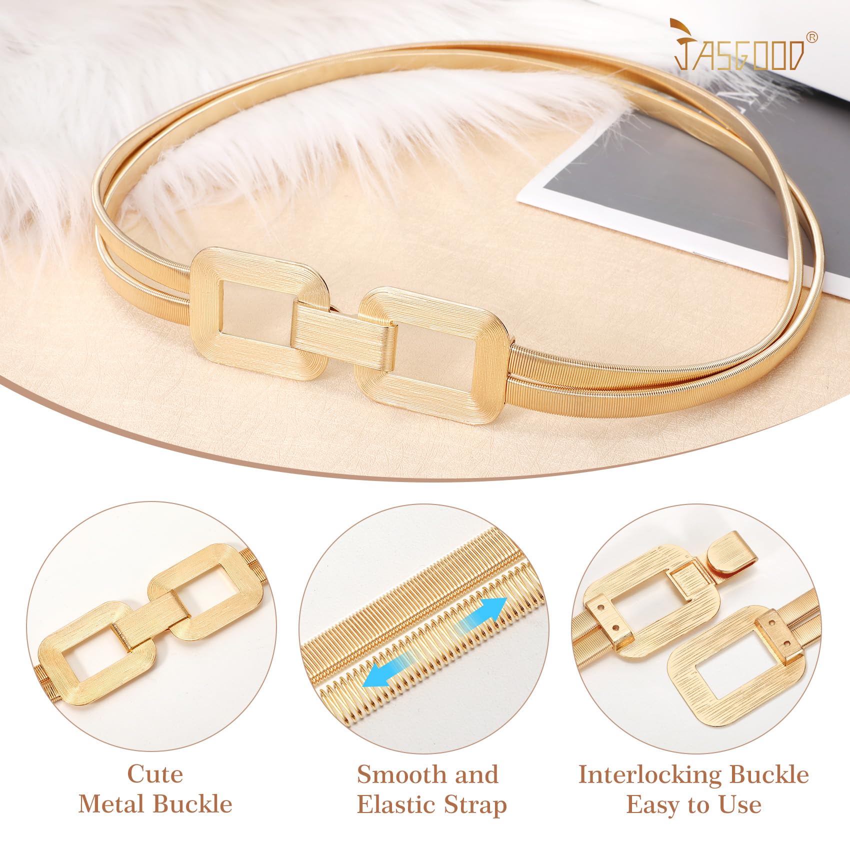 JASGOOD Skinny Metal Elastic Waist Belt for Women Stretch Thin Belt for Dresses
