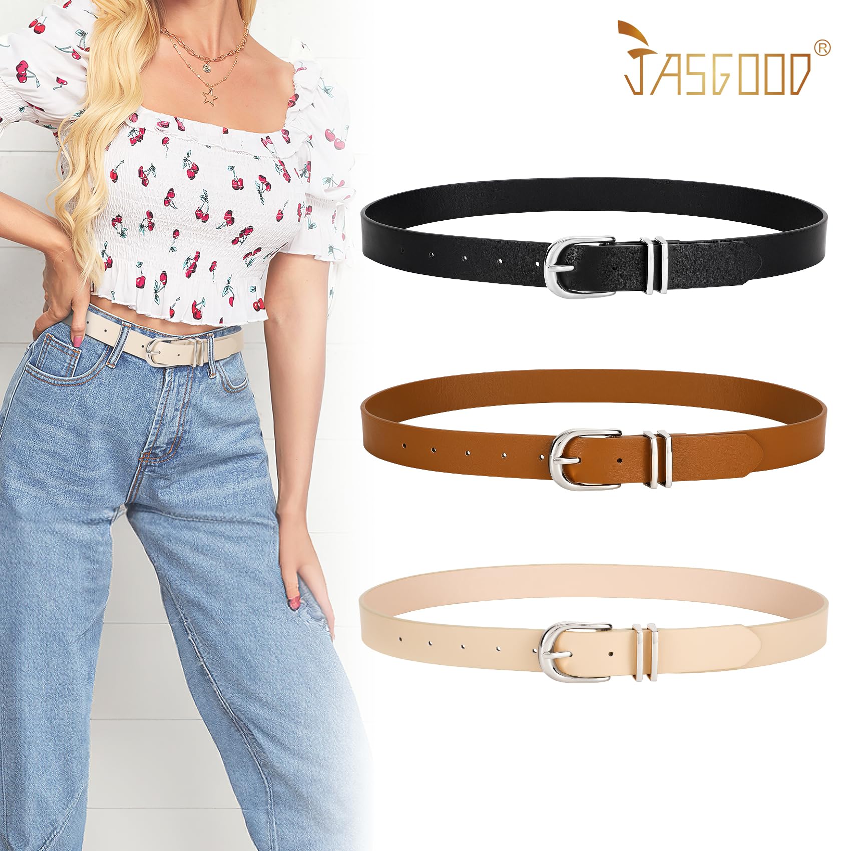 JASGOOD 3 Pack Women Leather Belts For Jeans Dresses Pants Ladies Faux Leather Waist Belt with Gold Buckle - JASGOOD OFFICIAL