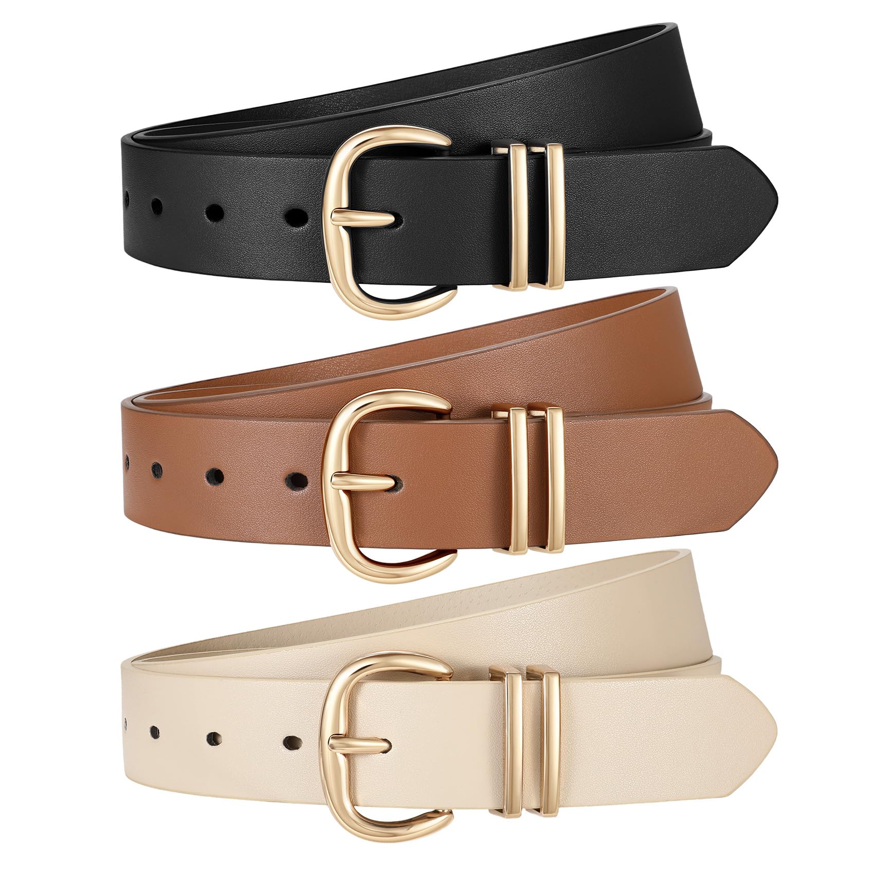 JASGOOD 3 Pack Belts for Women Leather Waist Belts for Jeans Dresses Pants Ladies Fashion Belt with Gold Buckle