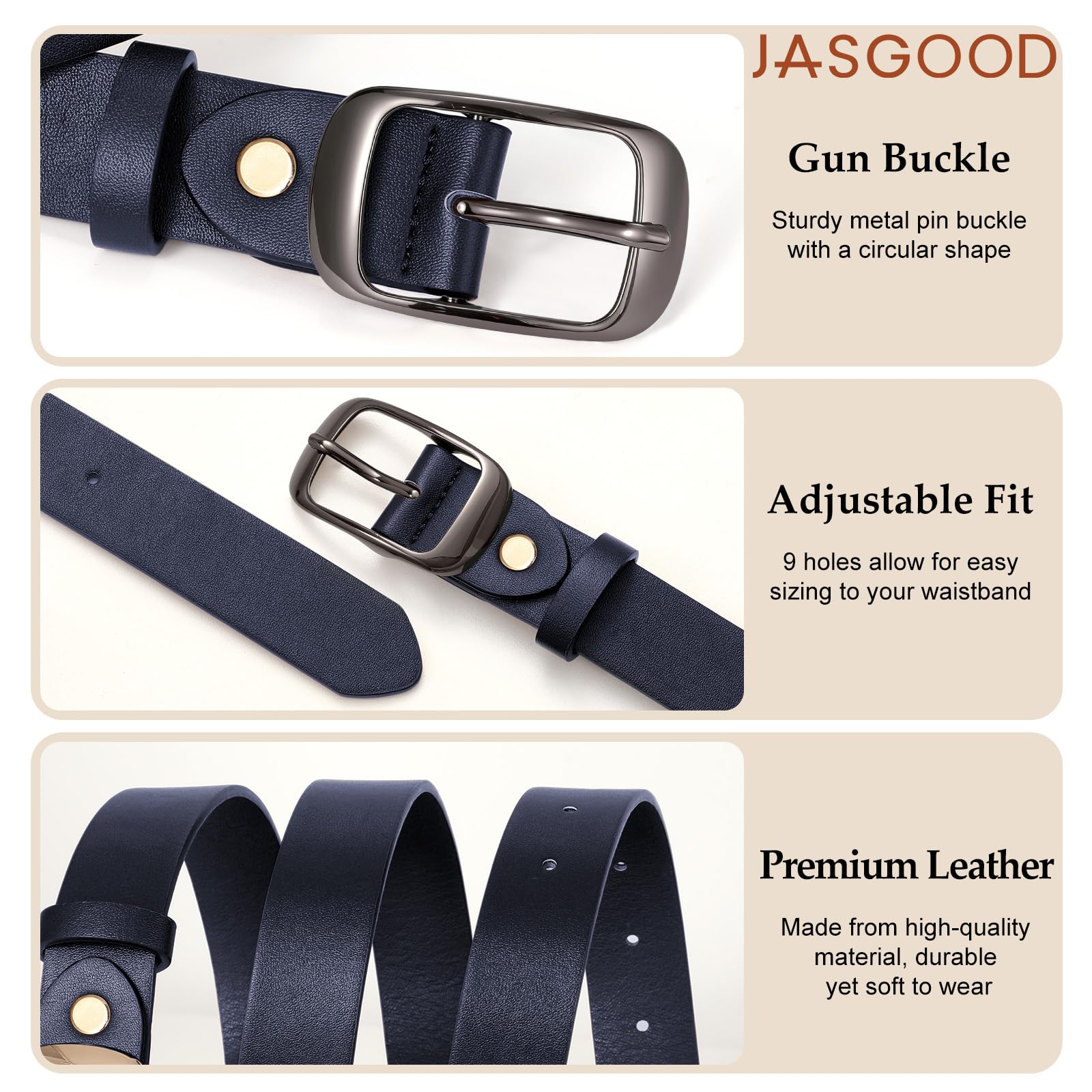 JASGOOD 3 PACK Women Belts for Jeans Pants Fashion Ladies Leather Waist Belt with Gold Buckle - JASGOOD OFFICIAL
