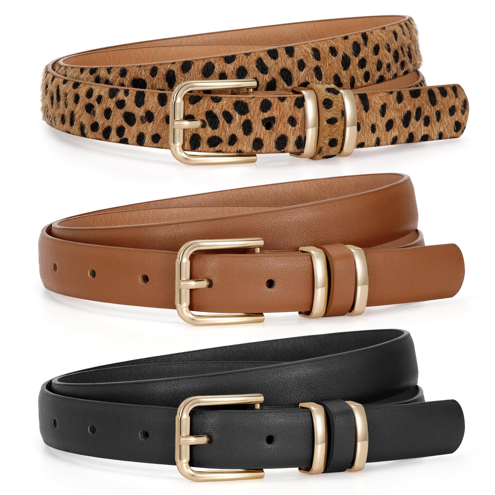 JASGOOD 3 Pack Belts for Women Belt for Jeans Pants Dress Ladies Leather Fashion Waist Thin Belts with Gold Buckle