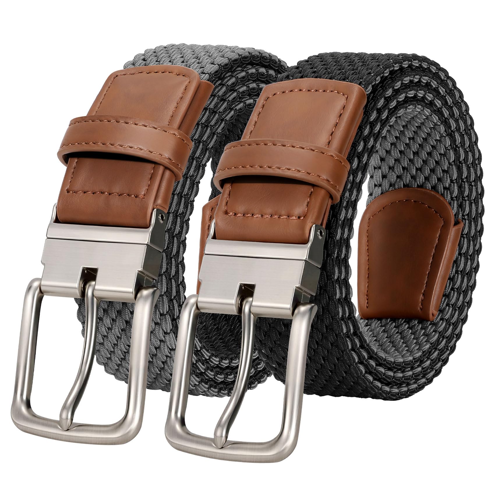 JASGOOD Reversible Elastic Braided Belt for Men, 1.34" Casual Woven Stretch Golf Belt for Jeans Shorts Pants