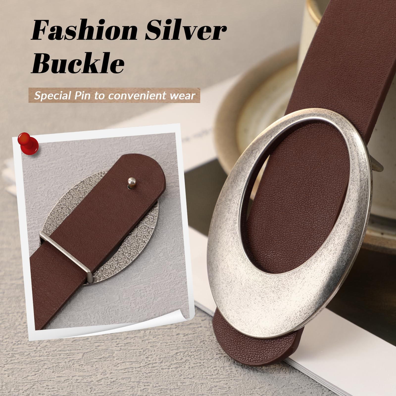JASGOOD Women Leather Belt with Timeless Oval Silver Buckle Trendy PU Leather Waist Belt for Ladies Jeans Dress Pants