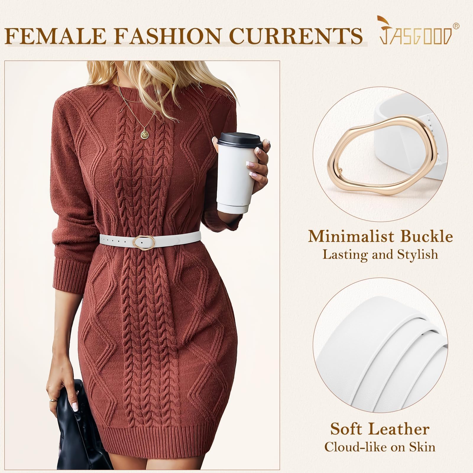 JASGOOD Women Leather Belt for Jeans Fashion Casual Waist Belt with Irregular Shapes Gold Buckle for Dresses Pants