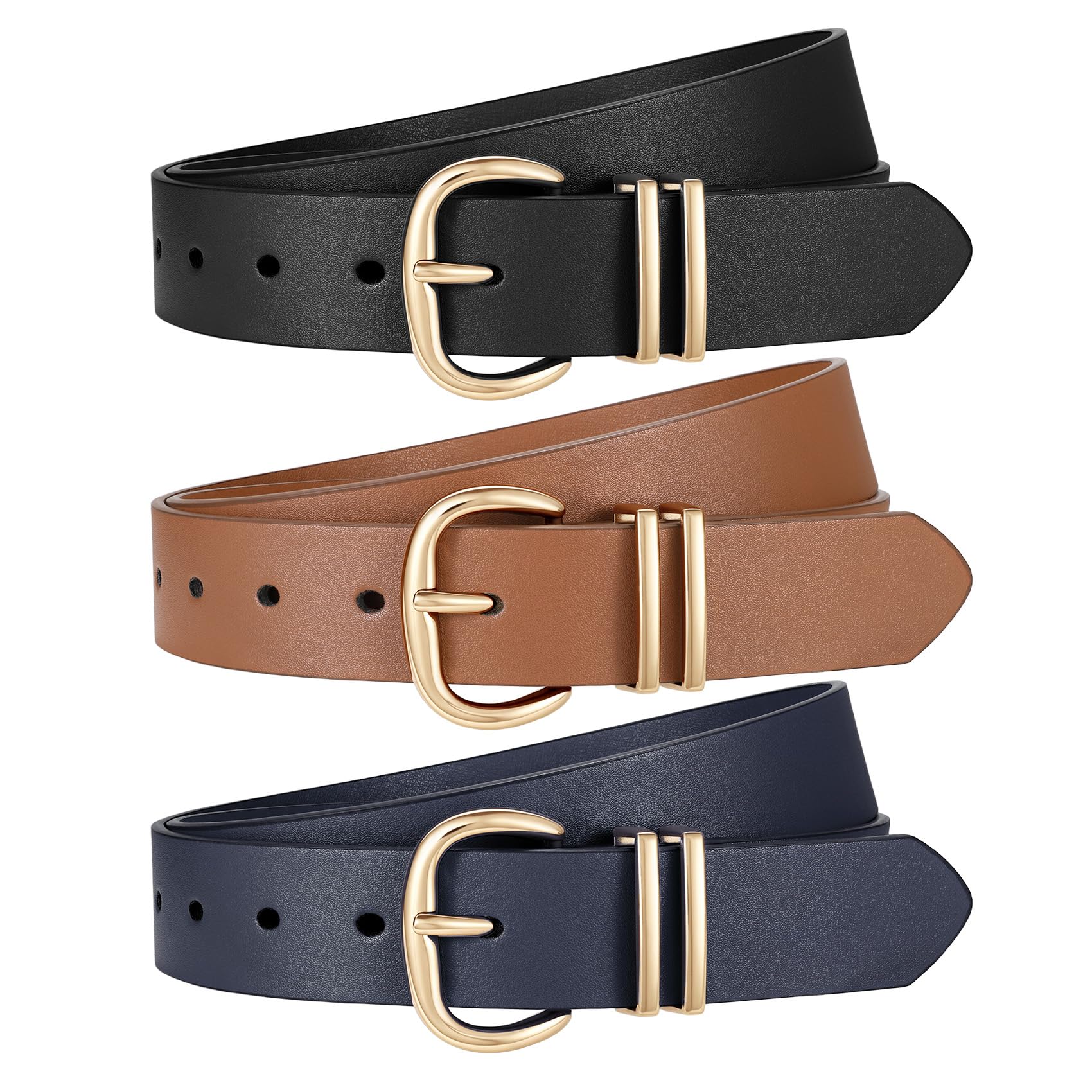 JASGOOD 3 Pack Belts for Women Leather Waist Belts for Jeans Dresses Pants Ladies Fashion Belt with Gold Buckle