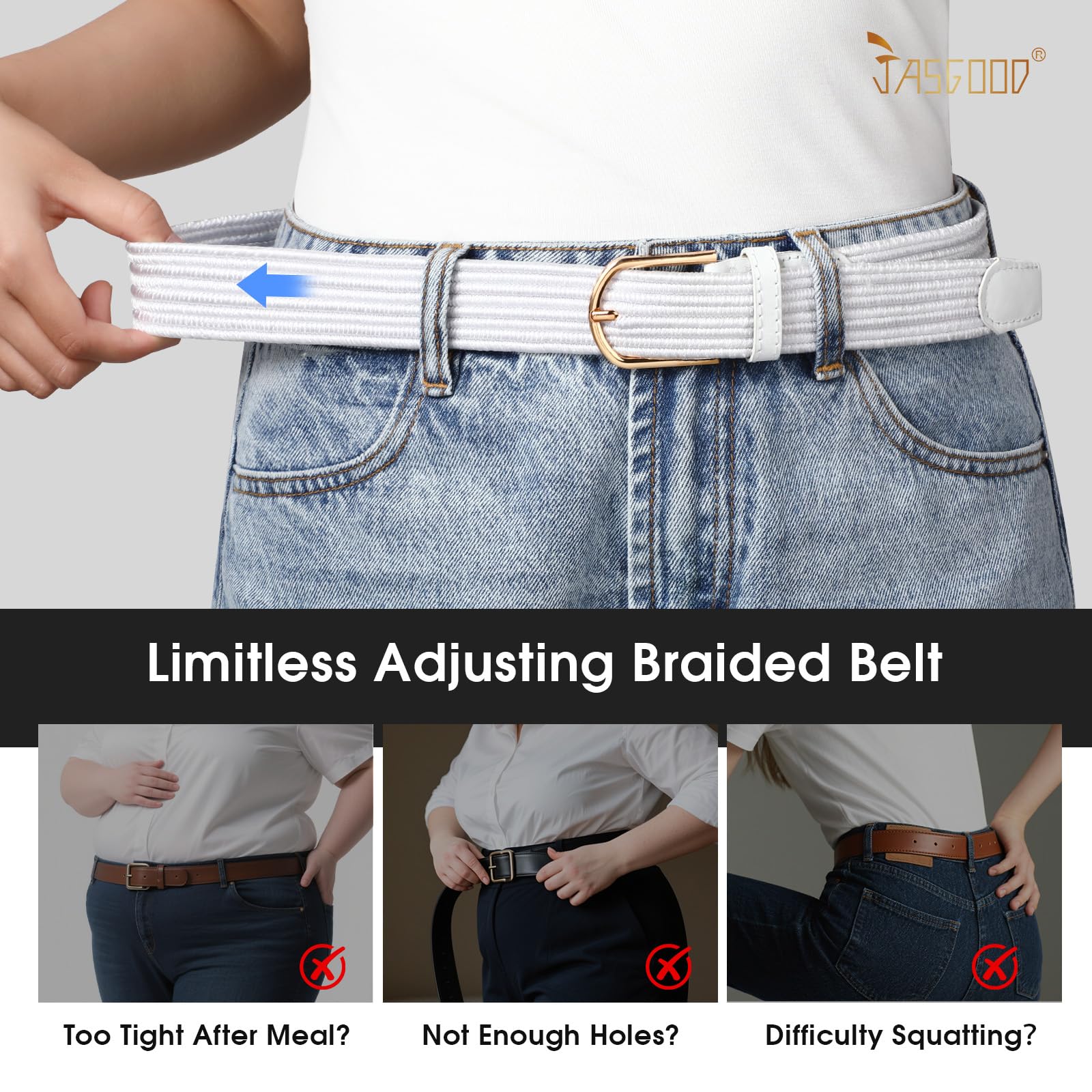 JASGOOD Elastic Braided Stretch Belt Women Golf Casual Fabric Woven Belt 1 3/8" Adjustable Work