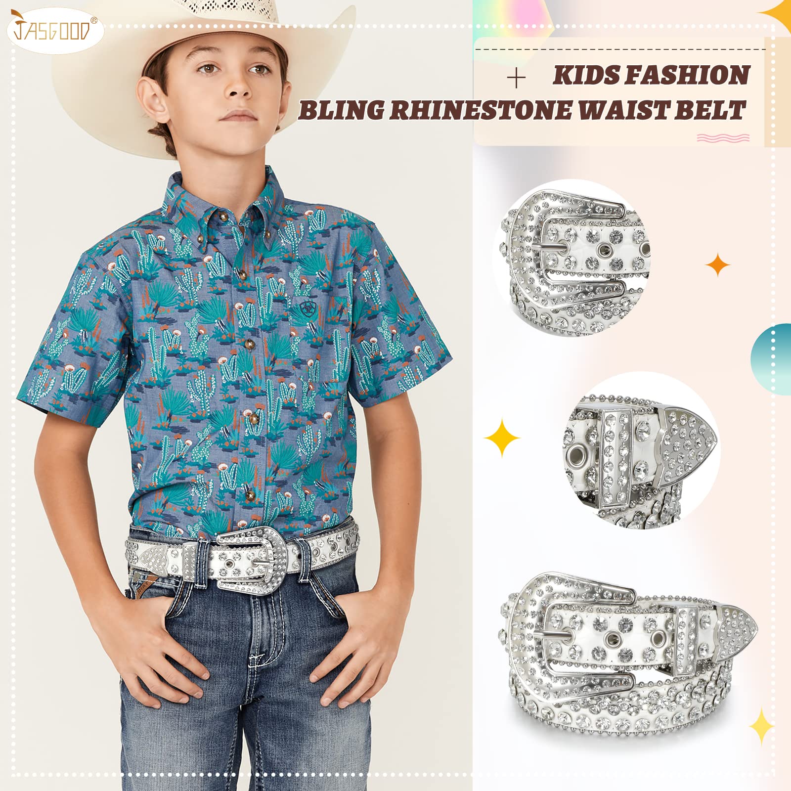 JASGOOD Kids Rhinestone Belt for Girls and Boys,Western Cowgirl Cowboy Bling Studded Leather Belt for Jeans Dress