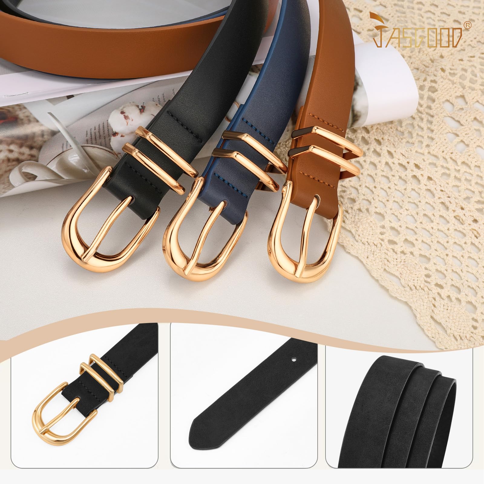 JASGOOD 3 Pack Women Leather Belts For Jeans Dresses Pants Ladies Faux Leather Waist Belt with Gold Buckle - JASGOOD OFFICIAL