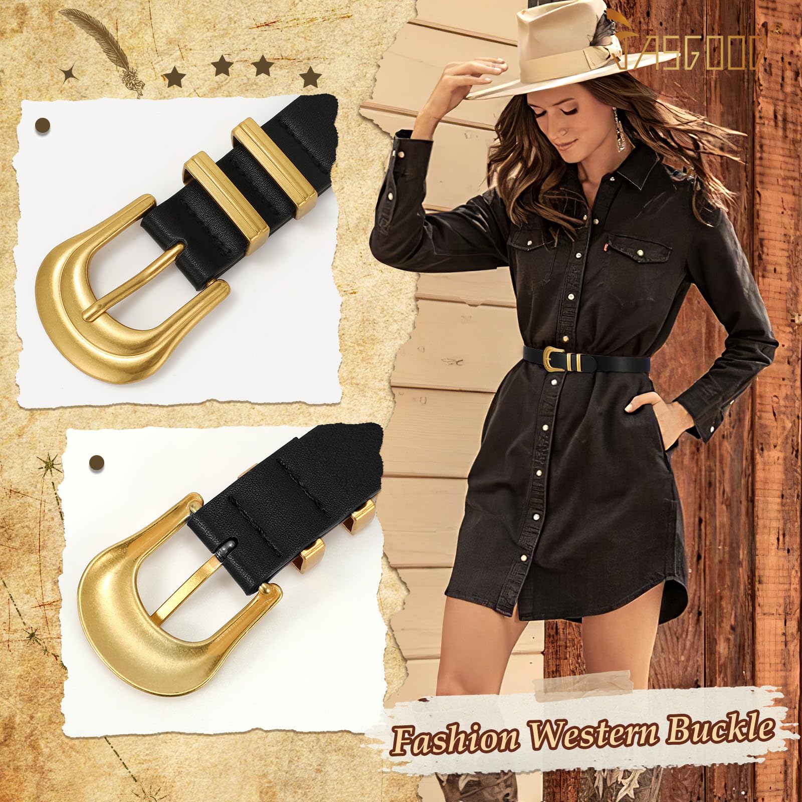 JASGOOD Women's Western Belt Vintage Black Leather Waist Belt for Pants Jeans with Gold Buckle