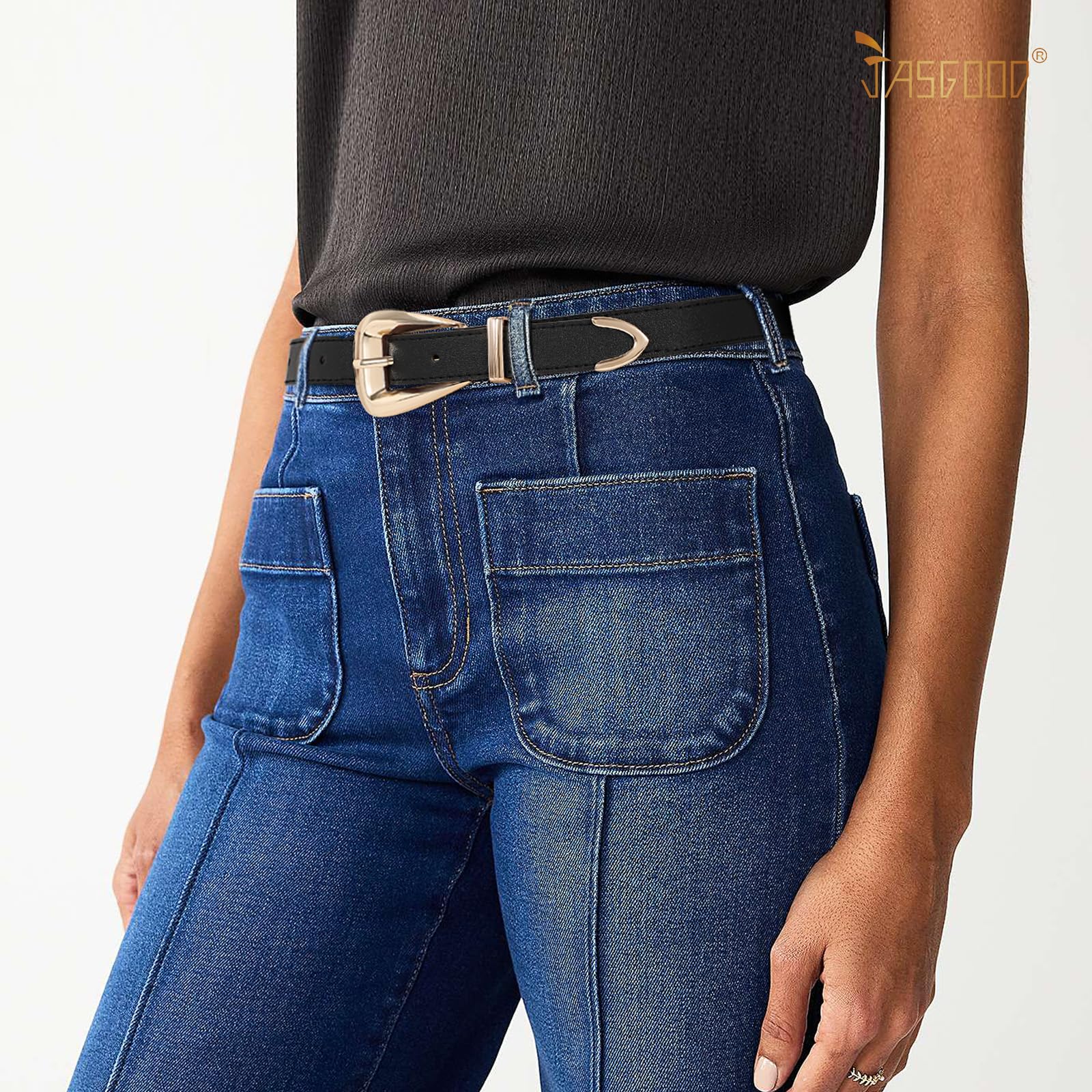 JASGOOD Women Leather Belts for Jeans Pants Soft Leather Waist Belt for Ladies Vintage Belt with Gold Buckle 0.9" Width
