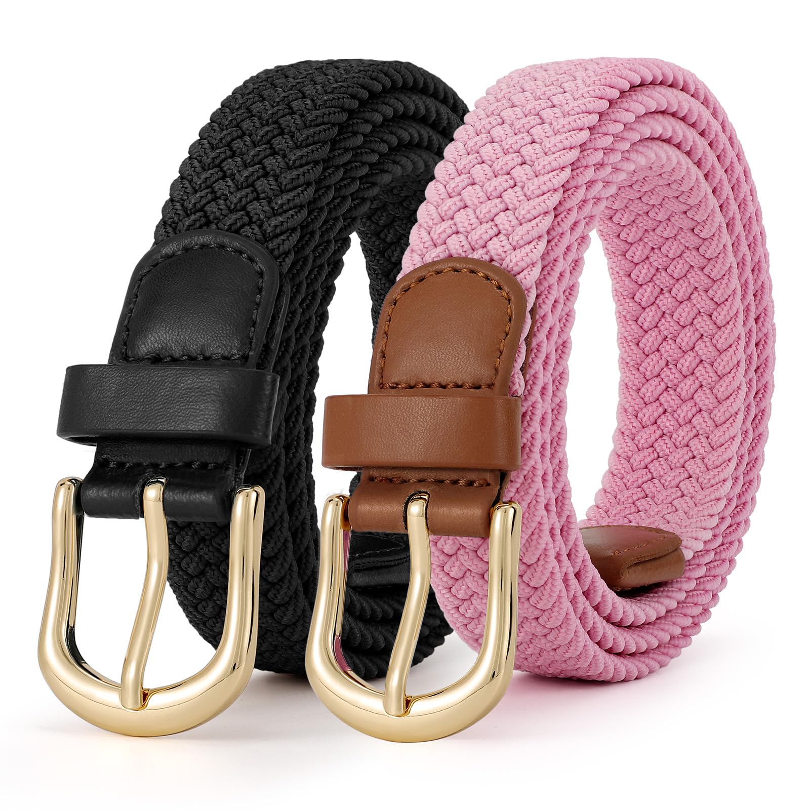 JASGOOD 2 Pack Braided Belts for Women, 1'' Narrow Width Elastic Woven Stretch Fabric Cloth Belts with Gold Buckle - JASGOOD OFFICIAL