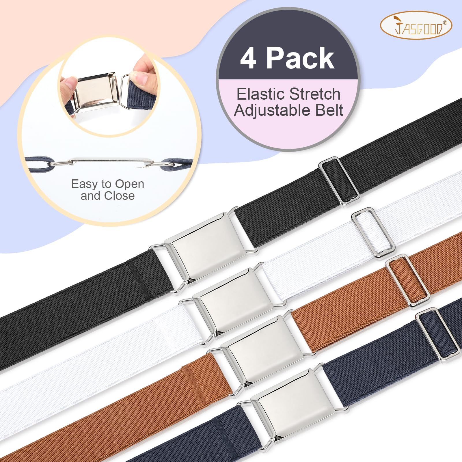 JASGOOD 4 Pack Women Stretch Belt Invisible Elastic Web Strap Belt for Pants Jeans Dresses