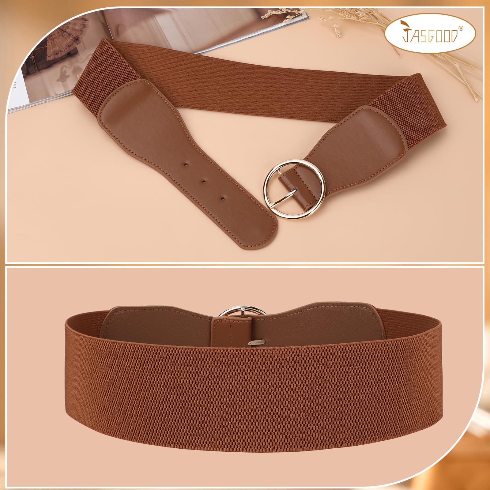 JASGOOD 3 Pack Women Wide Elastic Waist Belt for Dress Ladies Stretch Belt with Gold Round Buckle - JASGOOD OFFICIAL