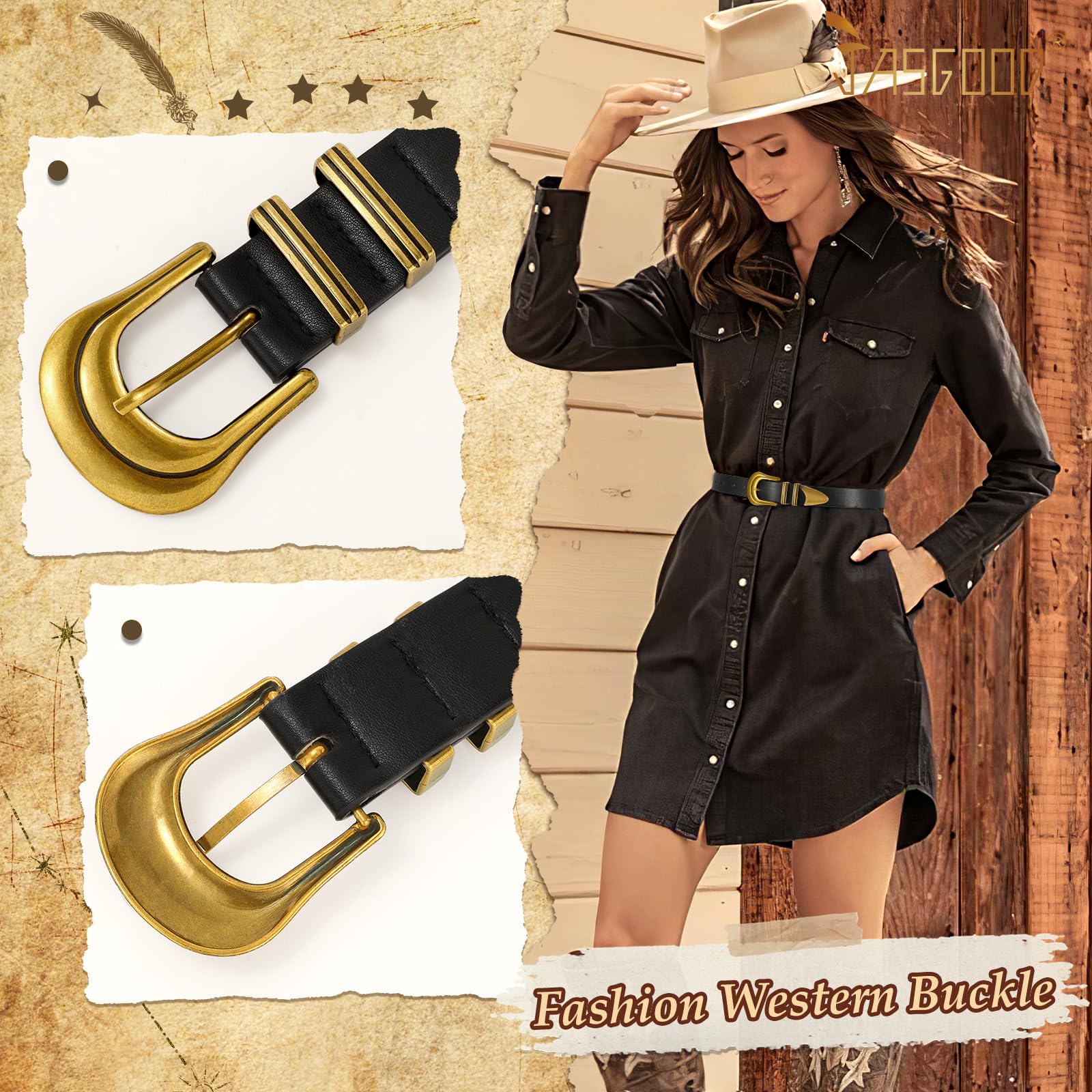 JASGOOD Women's Western Belt Vintage Black Leather Waist Belt for Pants Jeans with Gold Buckle