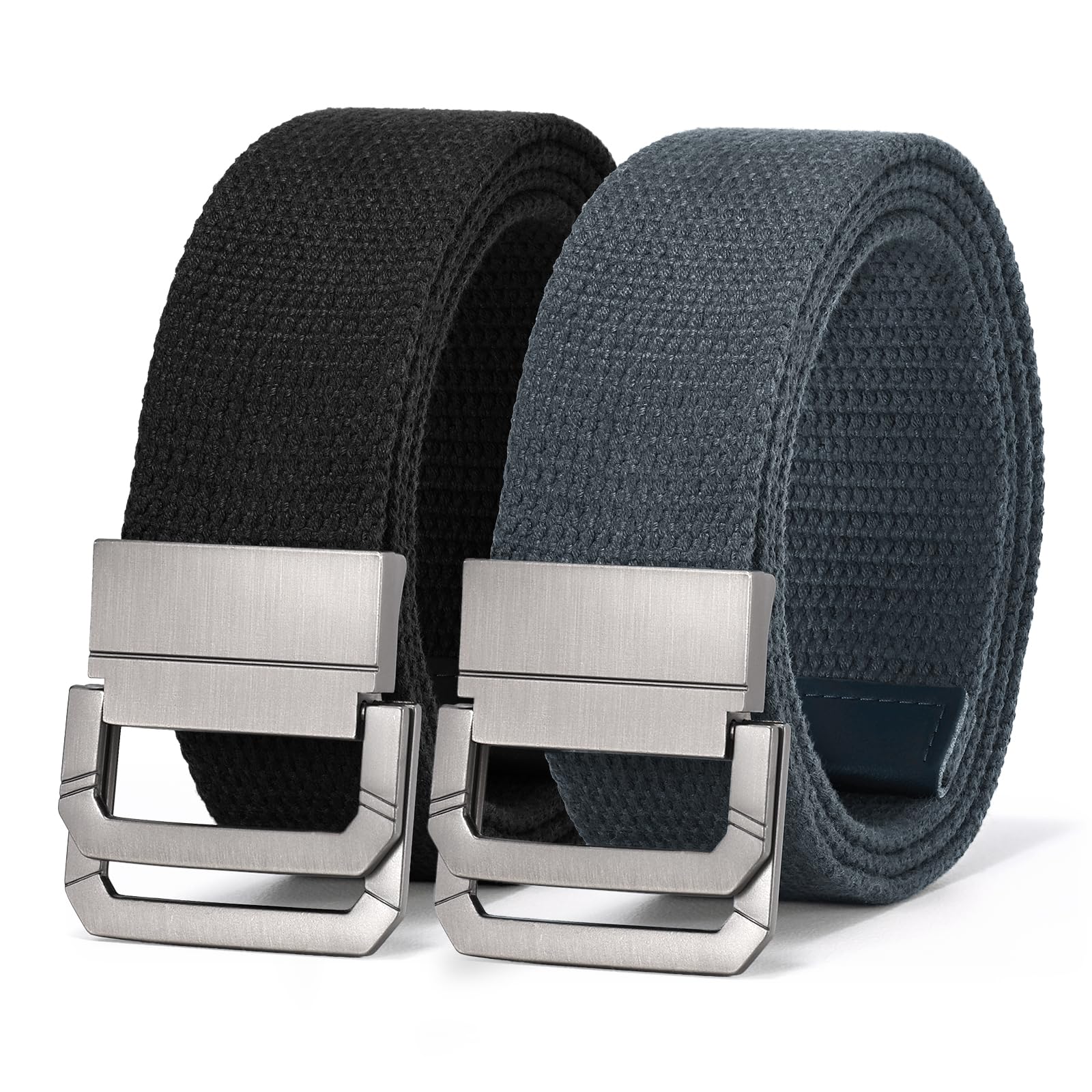 JASGOOD 2 Pack Canvas Web Belts Double D Ring Buckle for Men Fabric Cloth Casual Belt for Jeans Pants 1 1/2" Wide