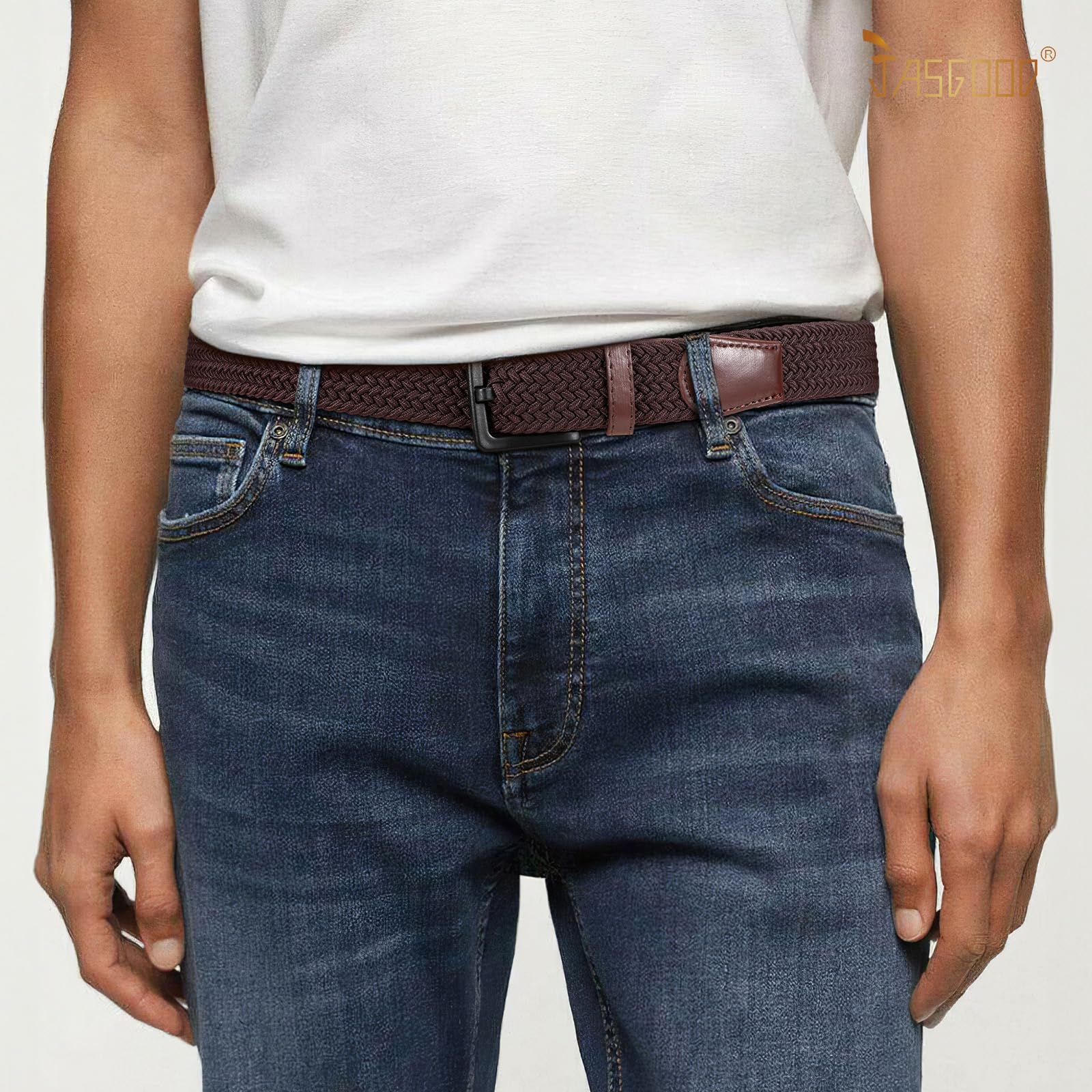 JASGOOD Elastic Braided Belt Men Stretch Golf Woven Casual Jeans Pants Canvas Fabric Tsa Approved Metal Free Belt