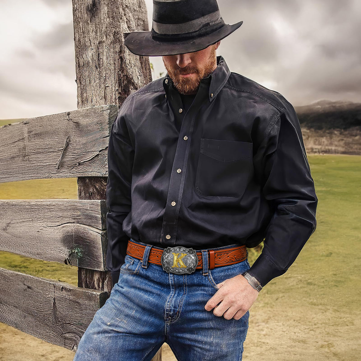 Conjunto de cinturón de cuero con placa western para vaqueros y vaqueras