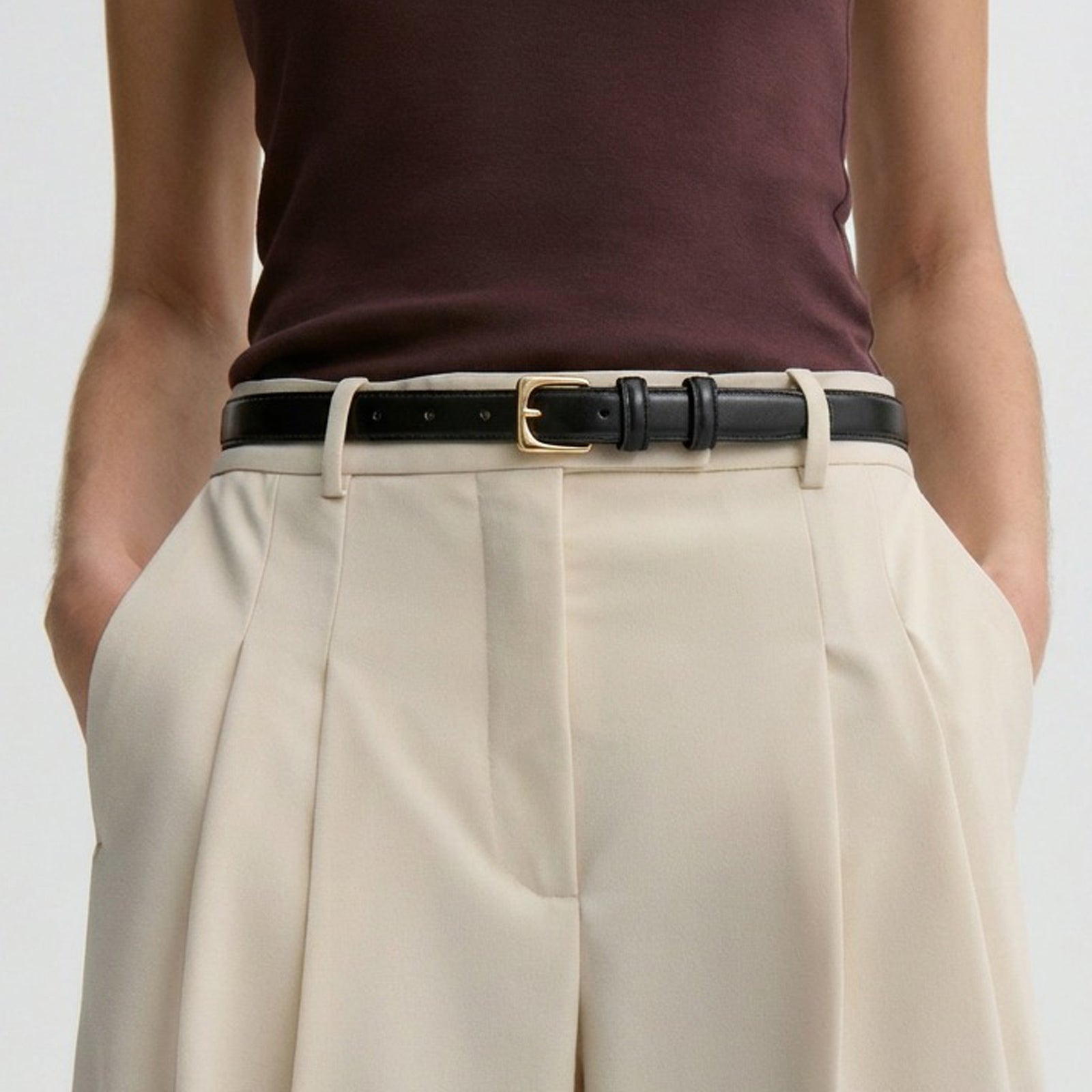 Slim Leather Belt with Square Buckle