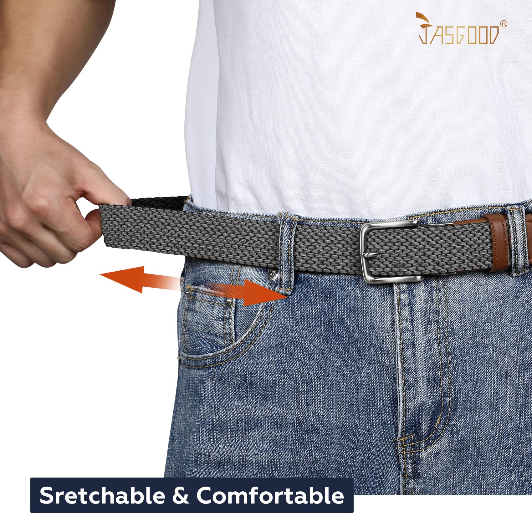 JASGOOD Reversible Elastic Braided Belt for Men, 1.34" Casual Woven Stretch Golf Belt for Jeans Shorts Pants