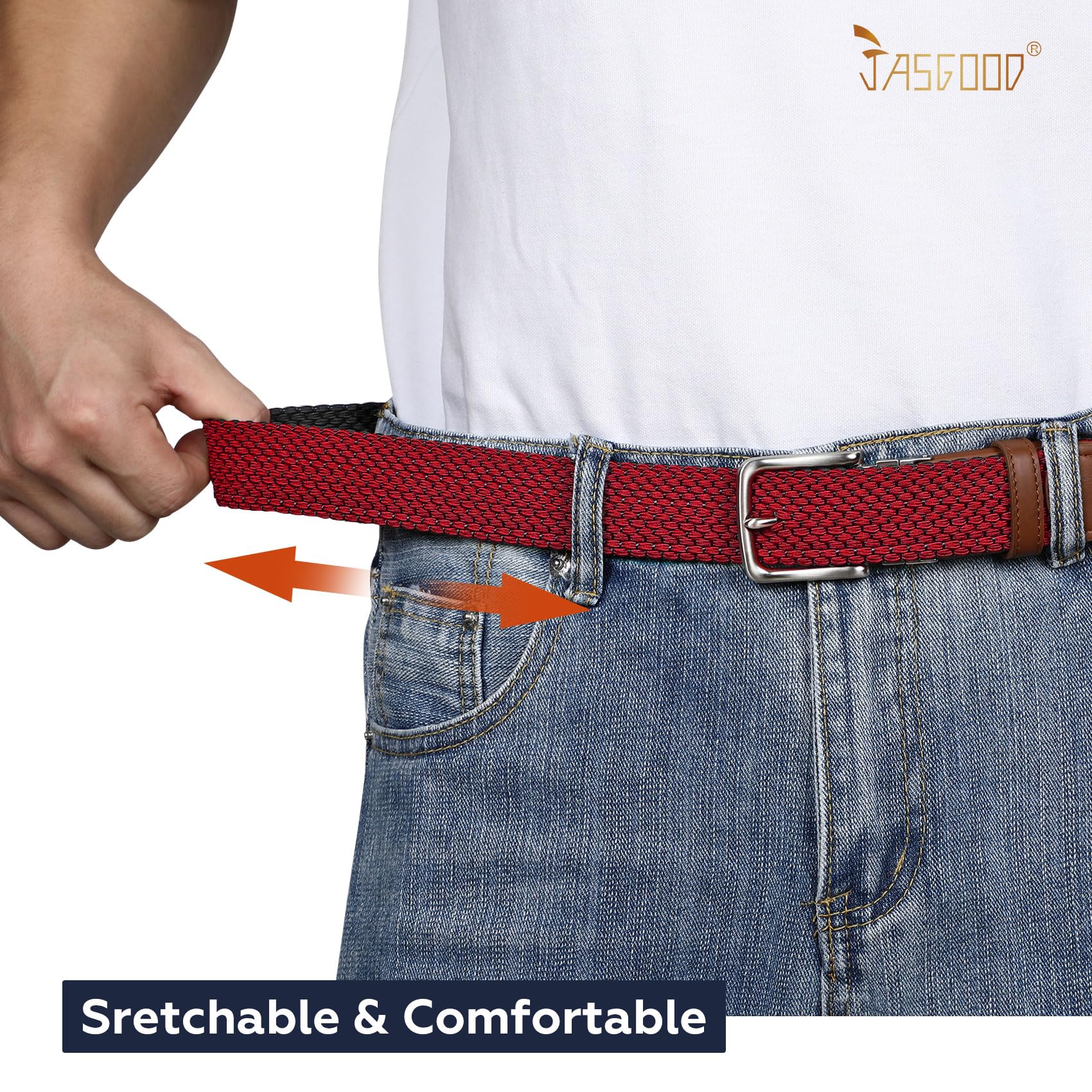 JASGOOD Reversible Elastic Braided Belt for Men, 1.34" Casual Woven Stretch Golf Belt for Jeans Shorts Pants