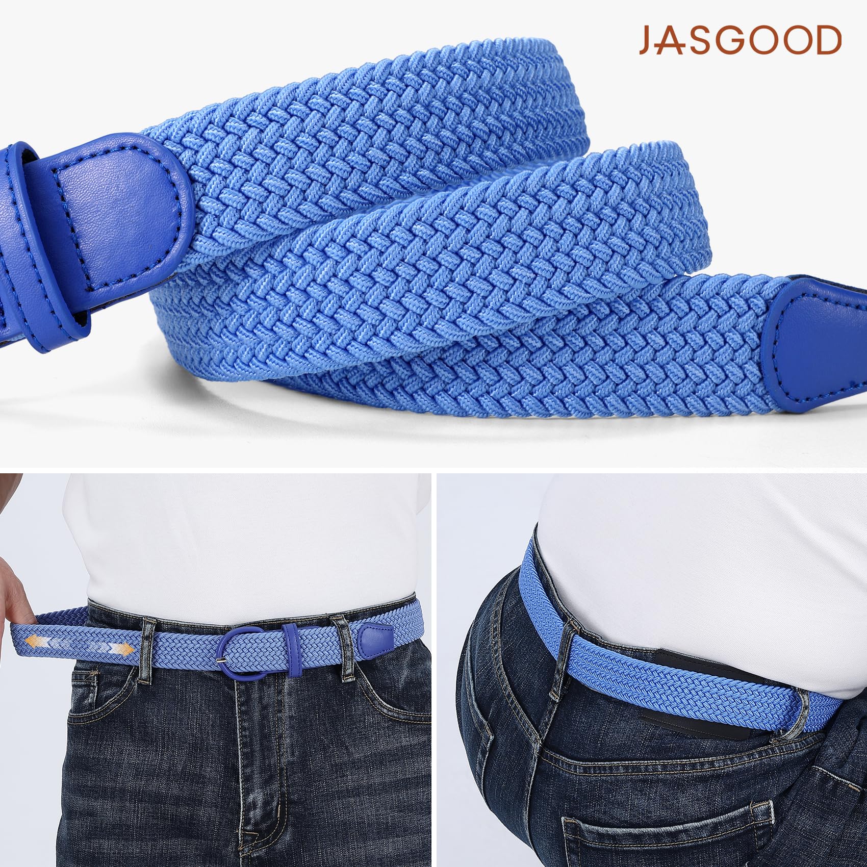 JASGOOD Women Braided Woven Elastic Stretch Belt Leather Covered Buckle Canvas Plus Size Belt for Jeans Pants