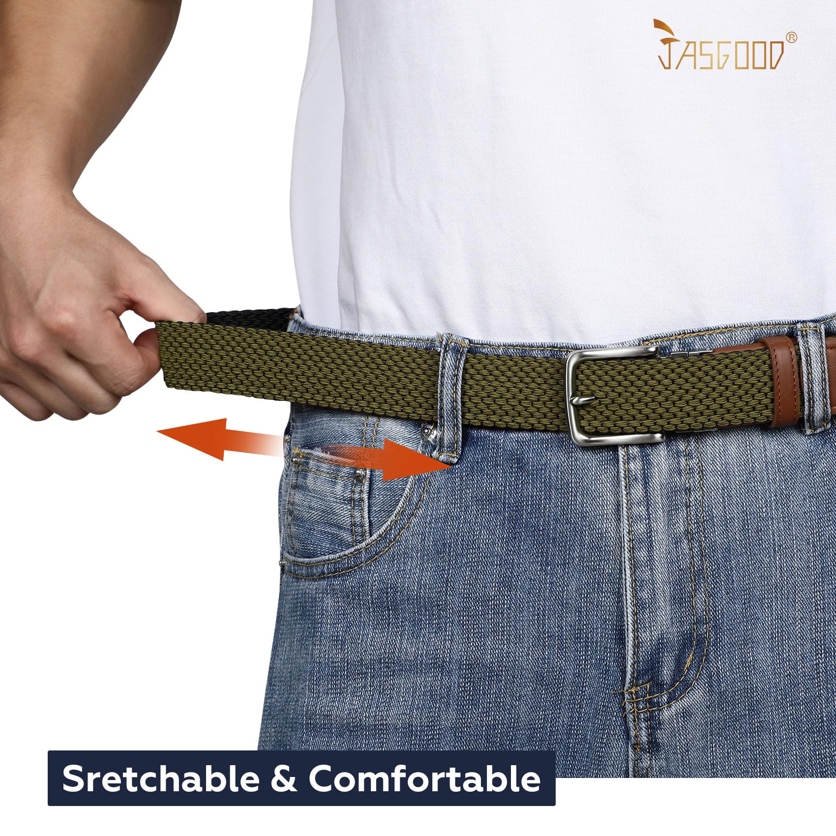 JASGOOD Reversible Elastic Braided Belt for Men, 1.34" Casual Woven Stretch Golf Belt for Jeans Shorts Pants