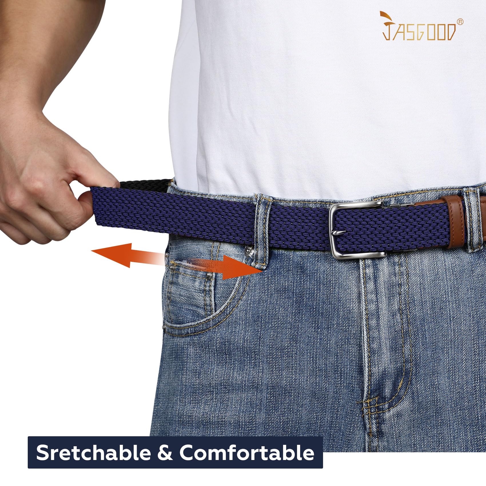 JASGOOD Reversible Elastic Braided Belt for Men, 1.34" Casual Woven Stretch Golf Belt for Jeans Shorts Pants