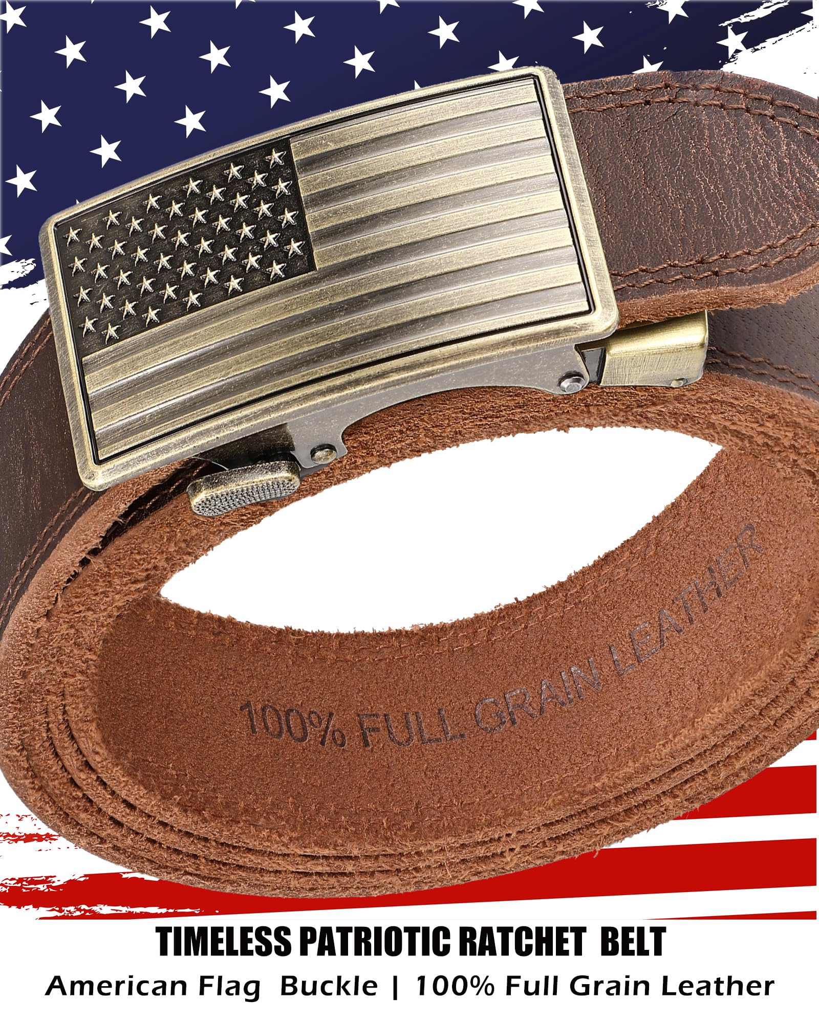 Men's Full Grain Ratchet Sliding Belt 1 3/8" with American Flag Buckle