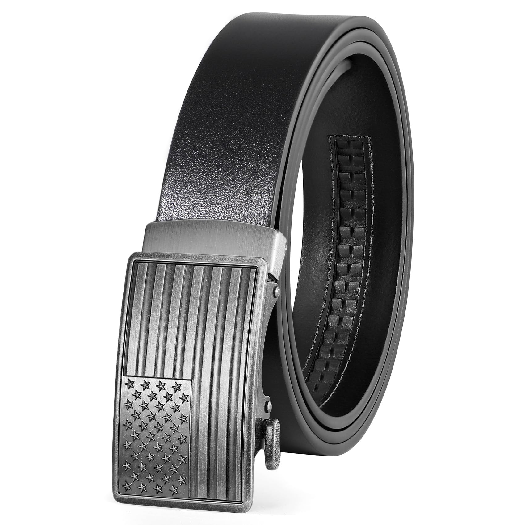 Men's Full Grain Ratchet Sliding Belt 1 3/8" with American Flag Buckle
