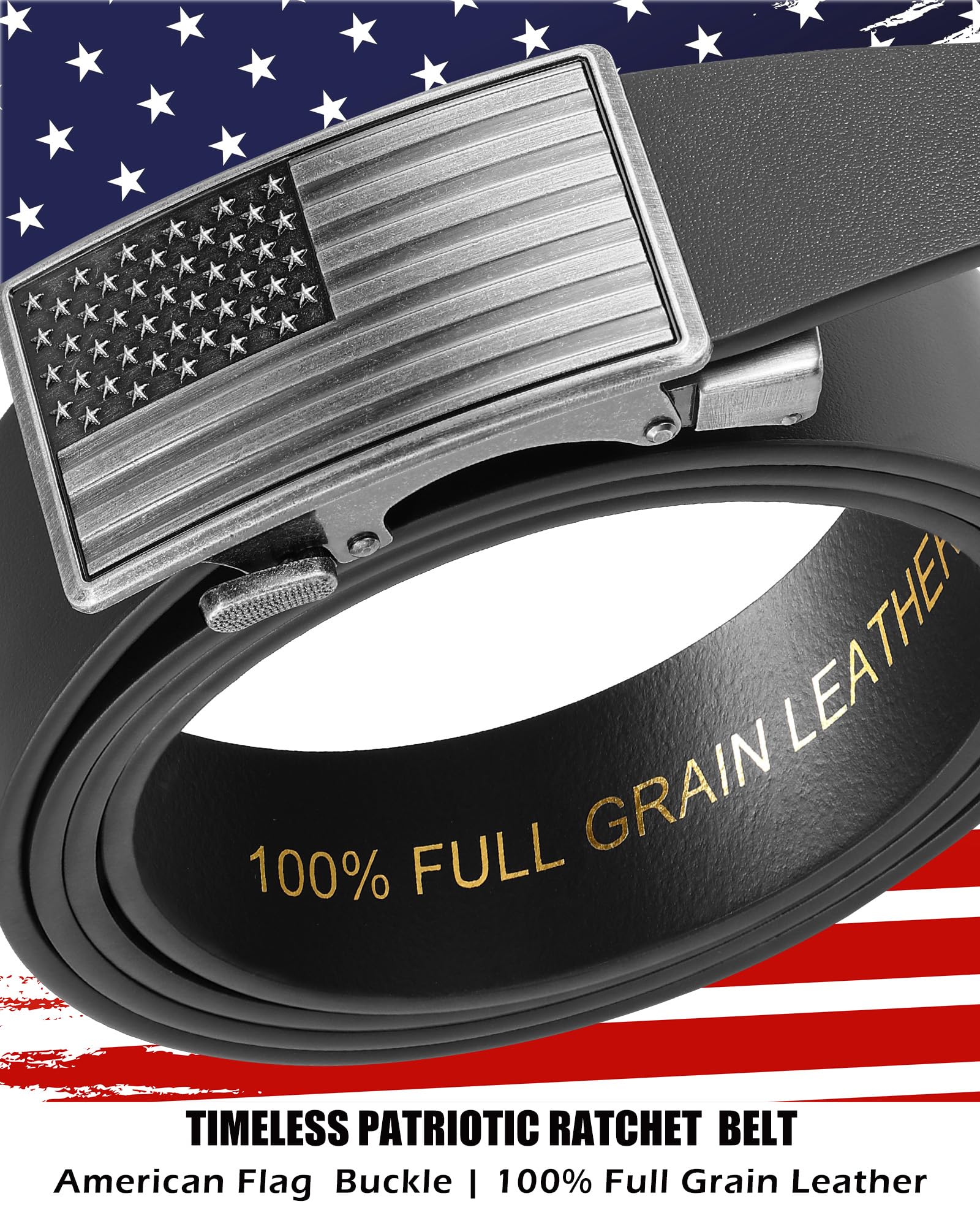 Men's Full Grain Ratchet Sliding Belt 1 3/8" with American Flag Buckle