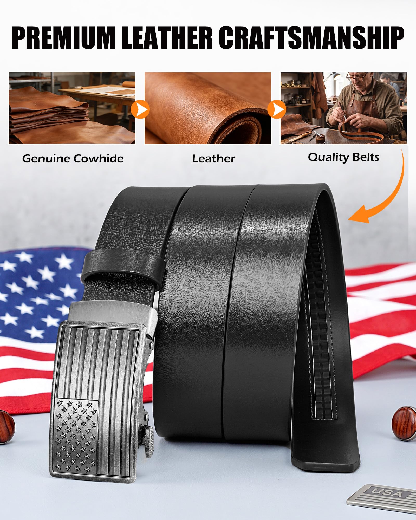 Men's Full Grain Ratchet Sliding Belt 1 3/8" with American Flag Buckle