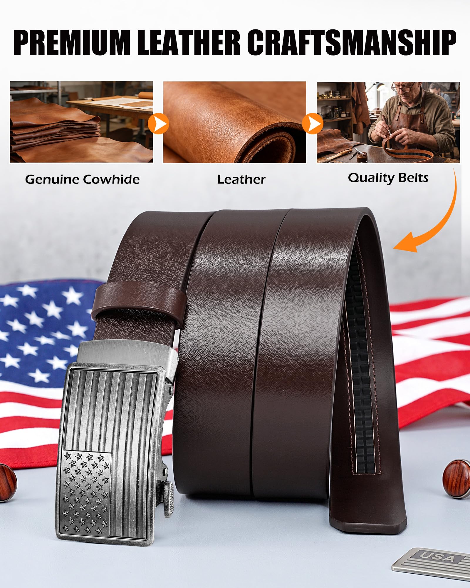 Men's Full Grain Ratchet Sliding Belt 1 3/8" with American Flag Buckle