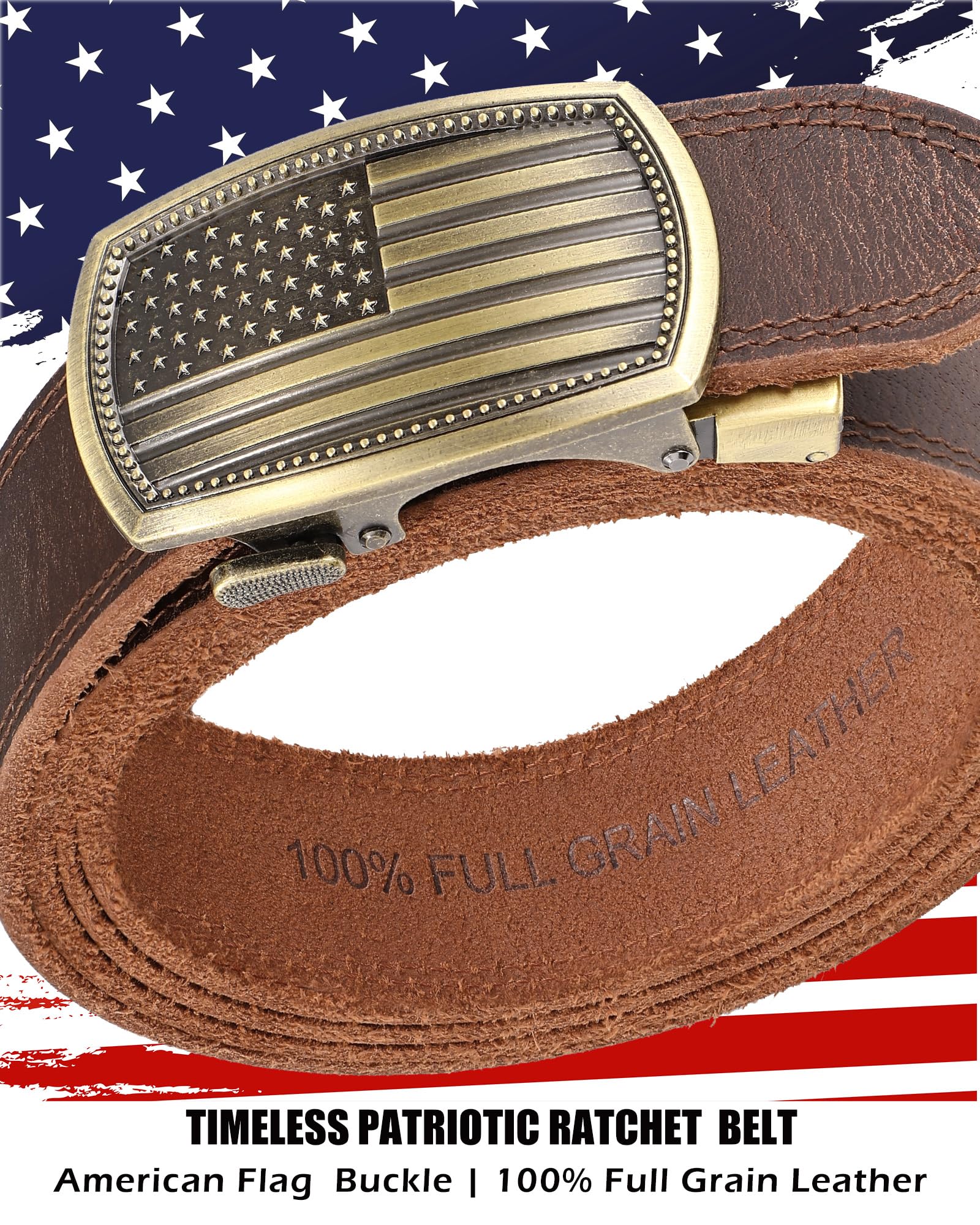 Men's Full Grain Ratchet Sliding Belt 1 3/8" with American Flag Buckle