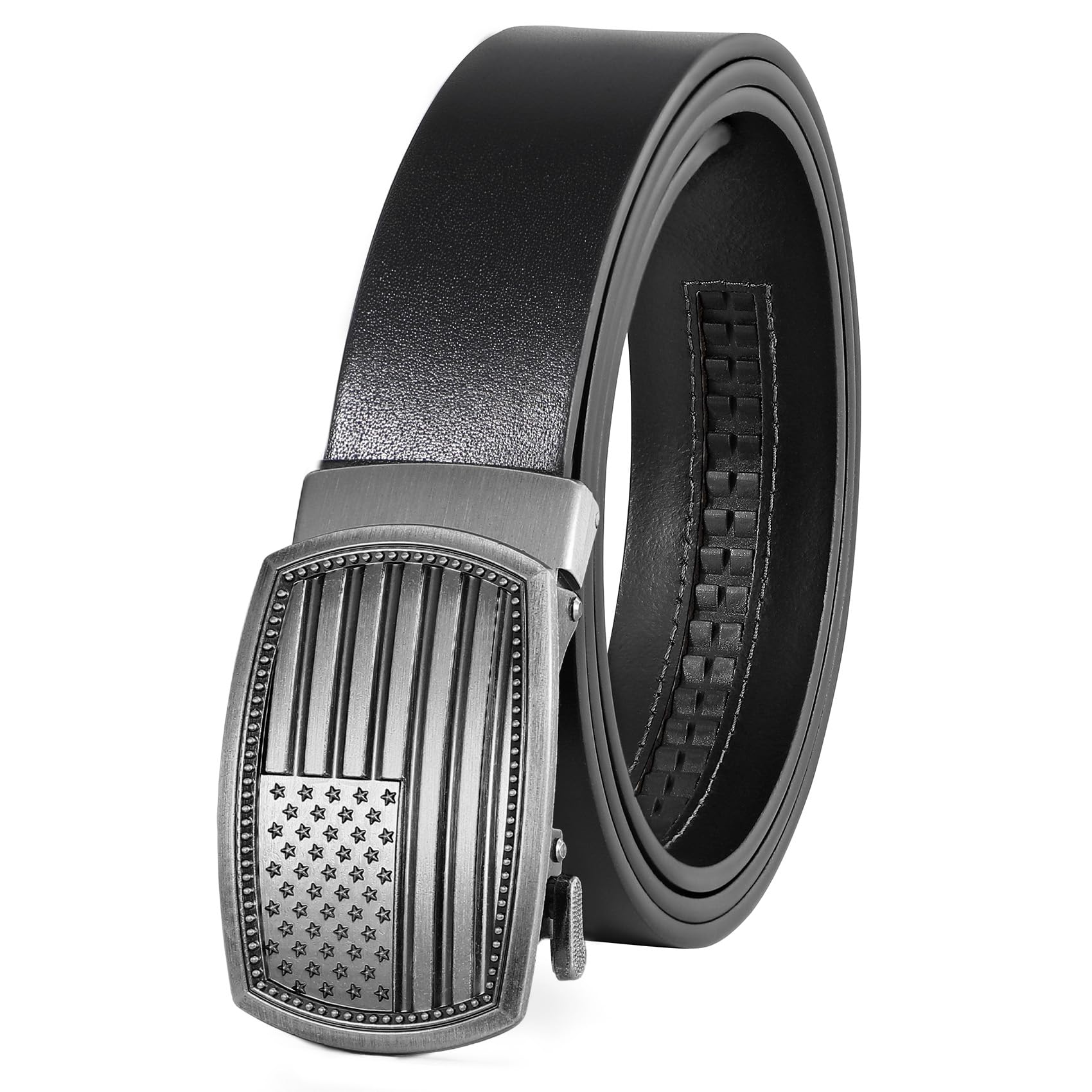 Men's Full Grain Ratchet Sliding Belt 1 3/8" with American Flag Buckle