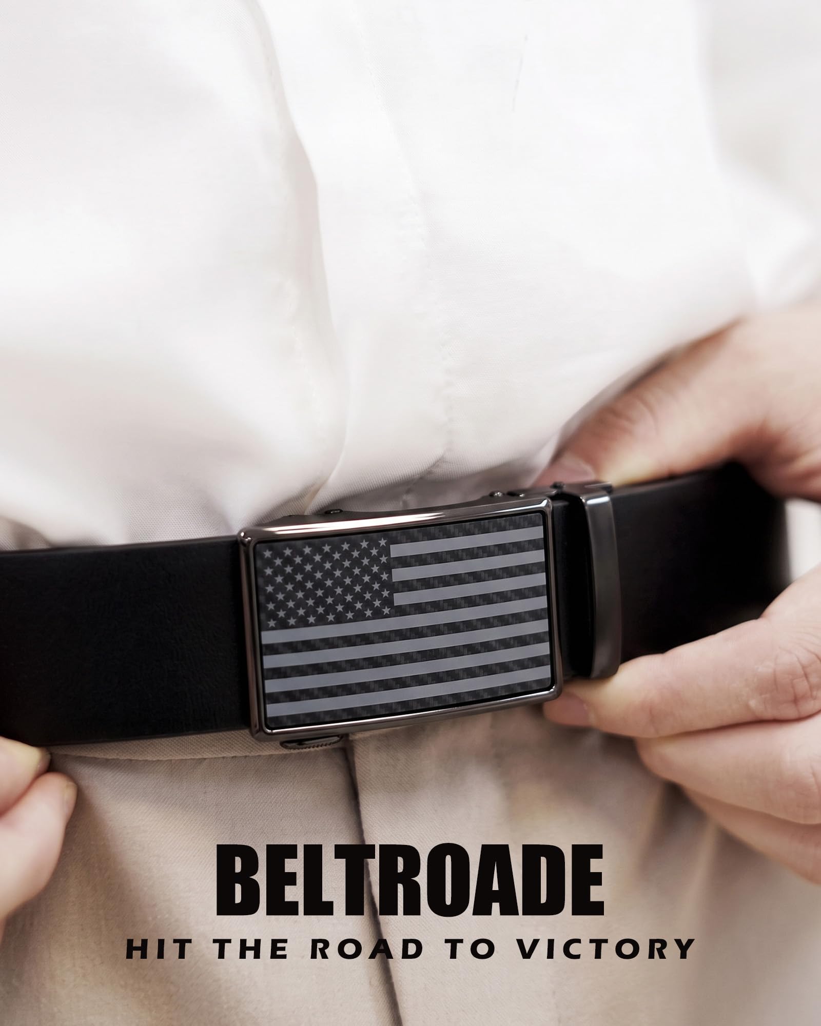 Men's Full Grain Ratchet Sliding Belt 1 3/8" with American Flag Buckle