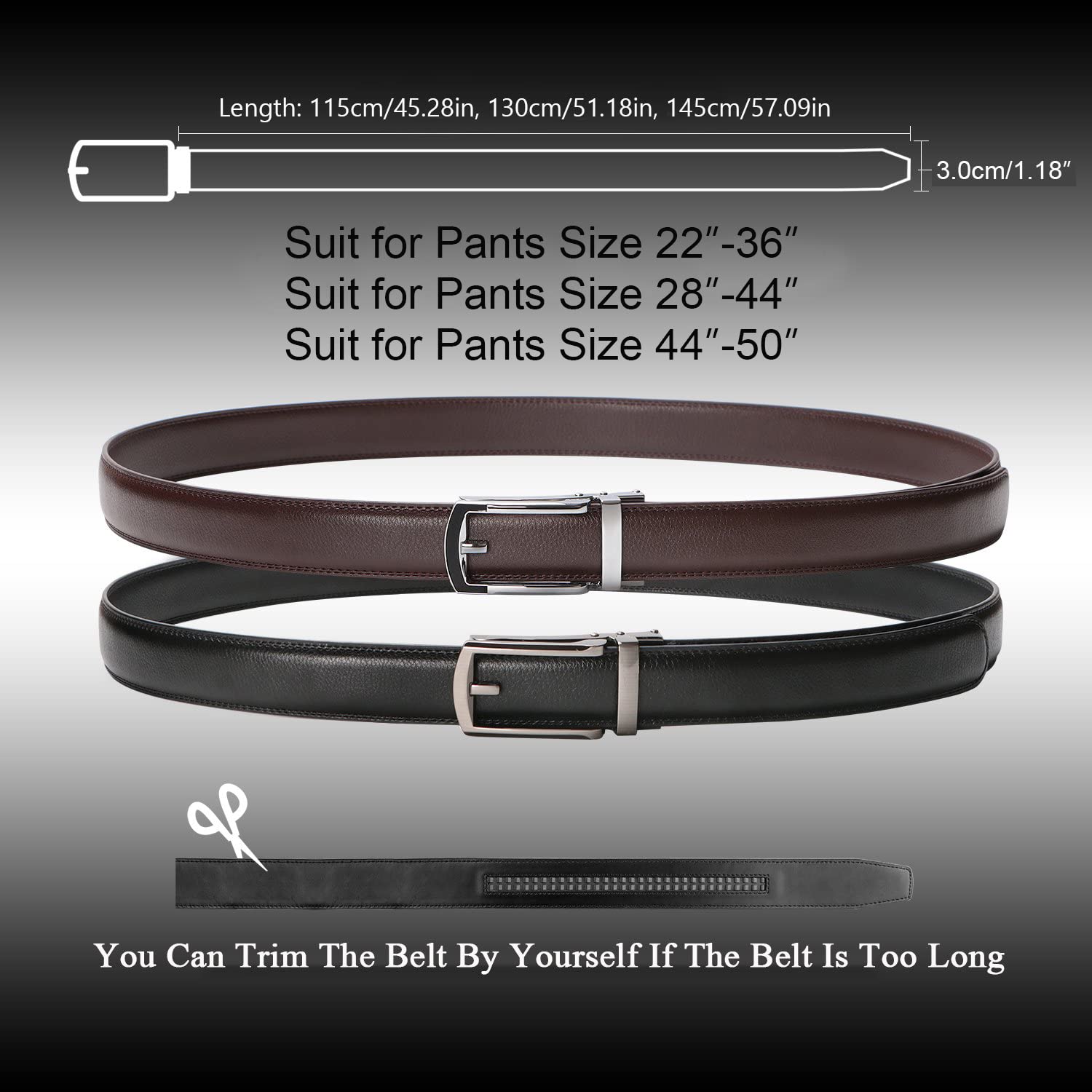 2-Pack Sliding Ratchet Belt For Trousers 1.18" Width